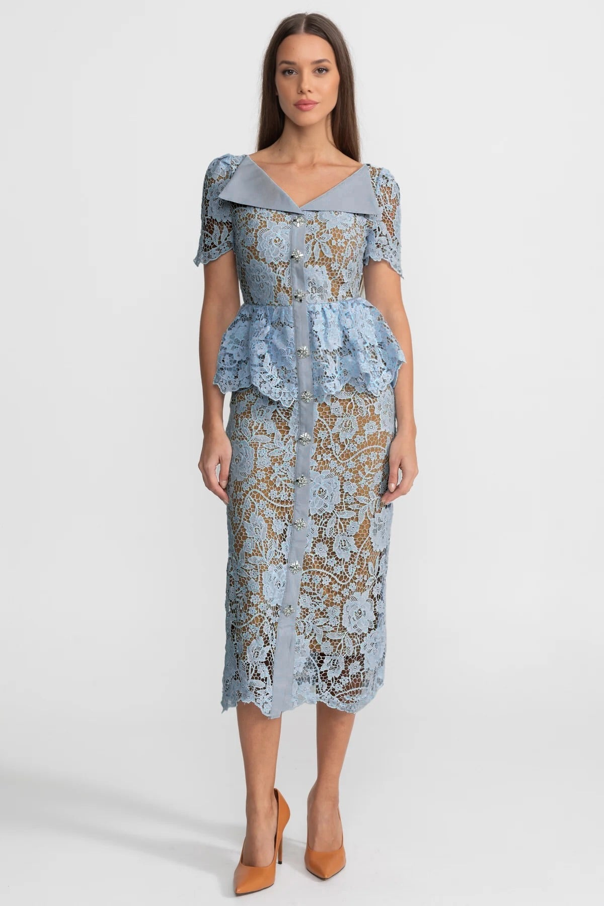 Lace Rhinestone Single Breasted Midi Dress With Belt