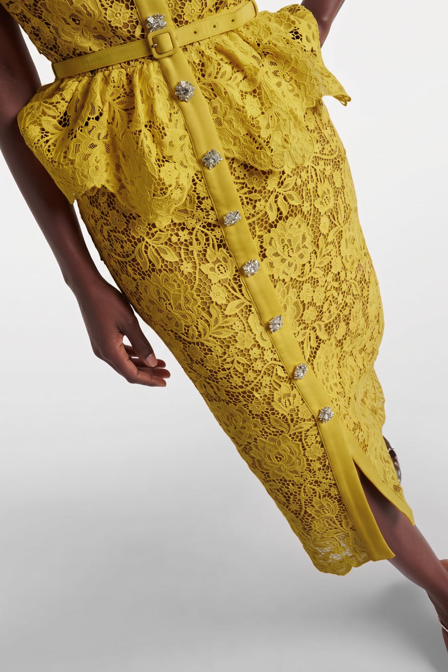 Lace Rhinestone Single Breasted Midi Dress With Belt
