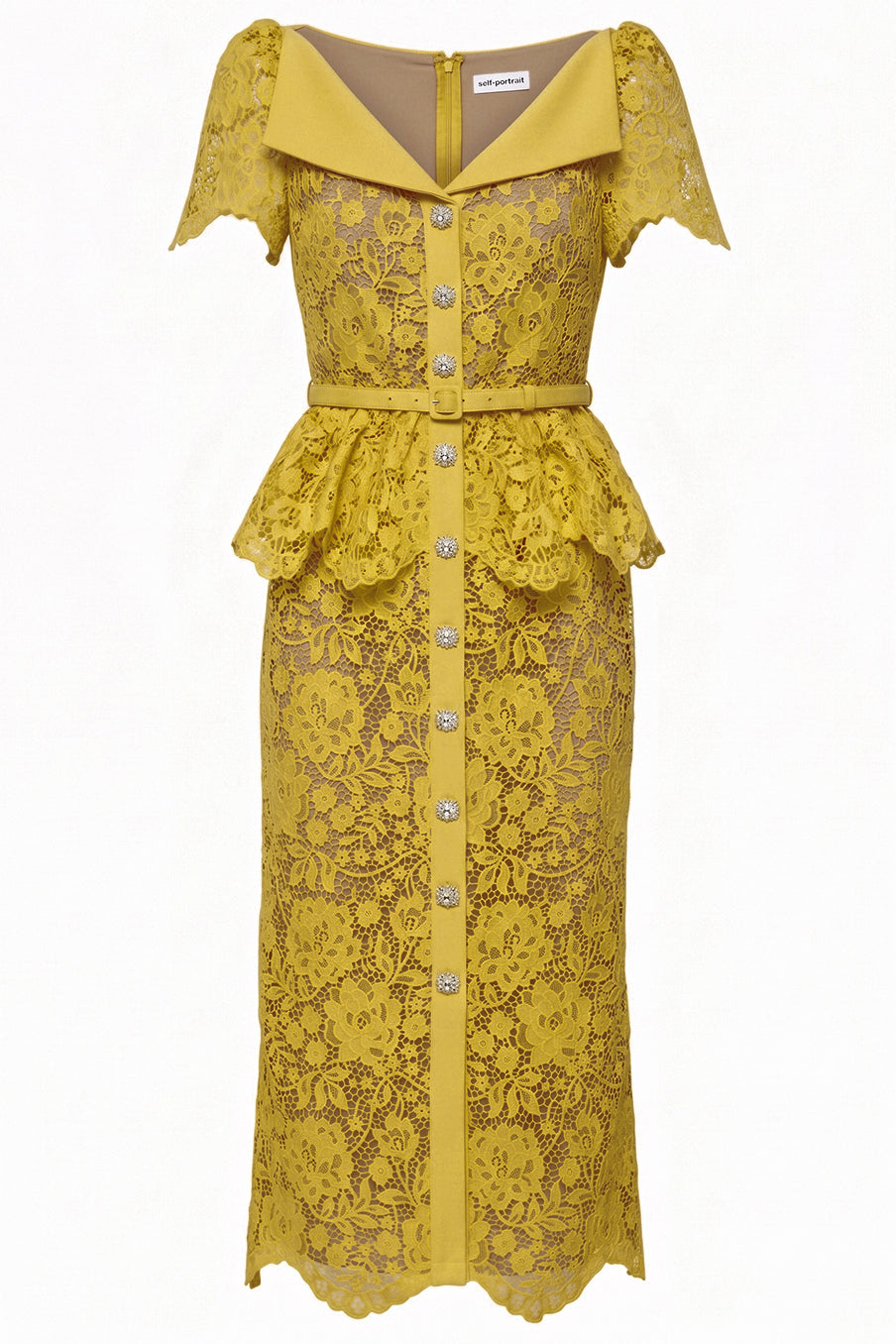 Lace Rhinestone Single Breasted Midi Dress With Belt