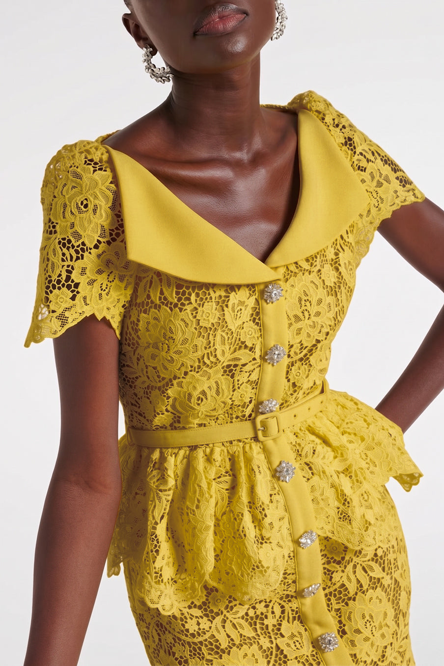 Lace Rhinestone Single Breasted Midi Dress With Belt