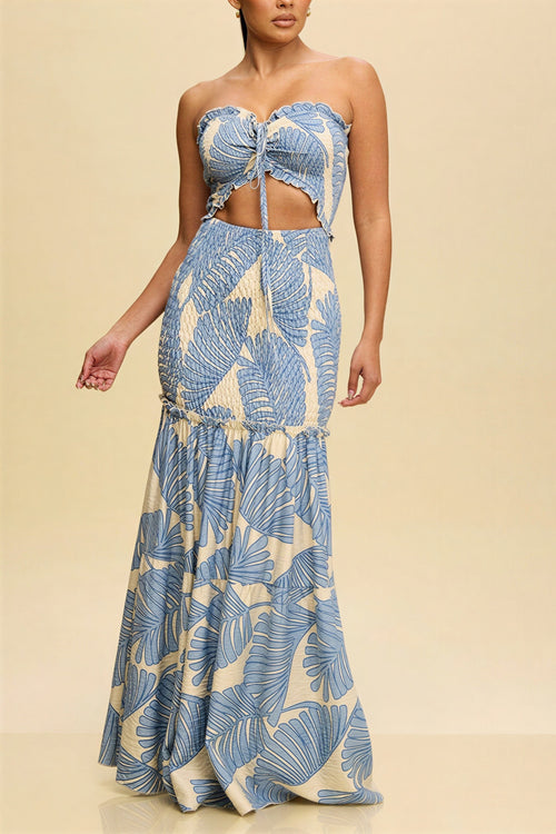 Abstract Print Smocking Top & Maxi Skirt Set