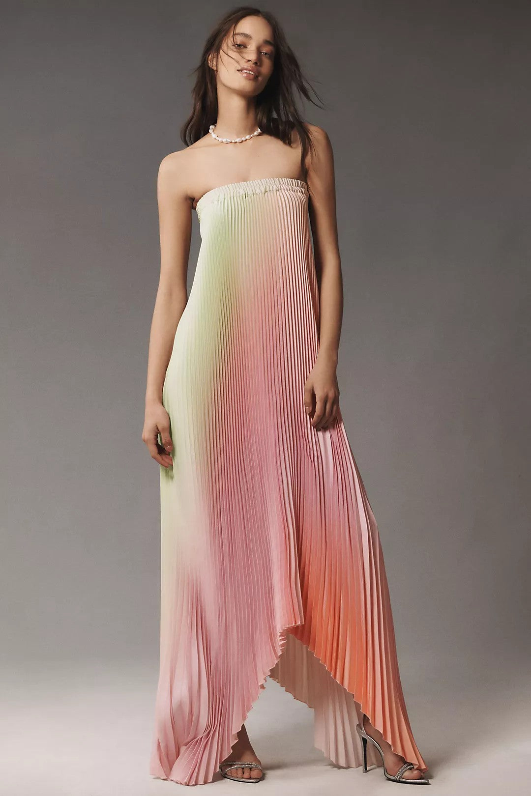 Gradient Color Pleated Off-Shoulder Maxi Dress