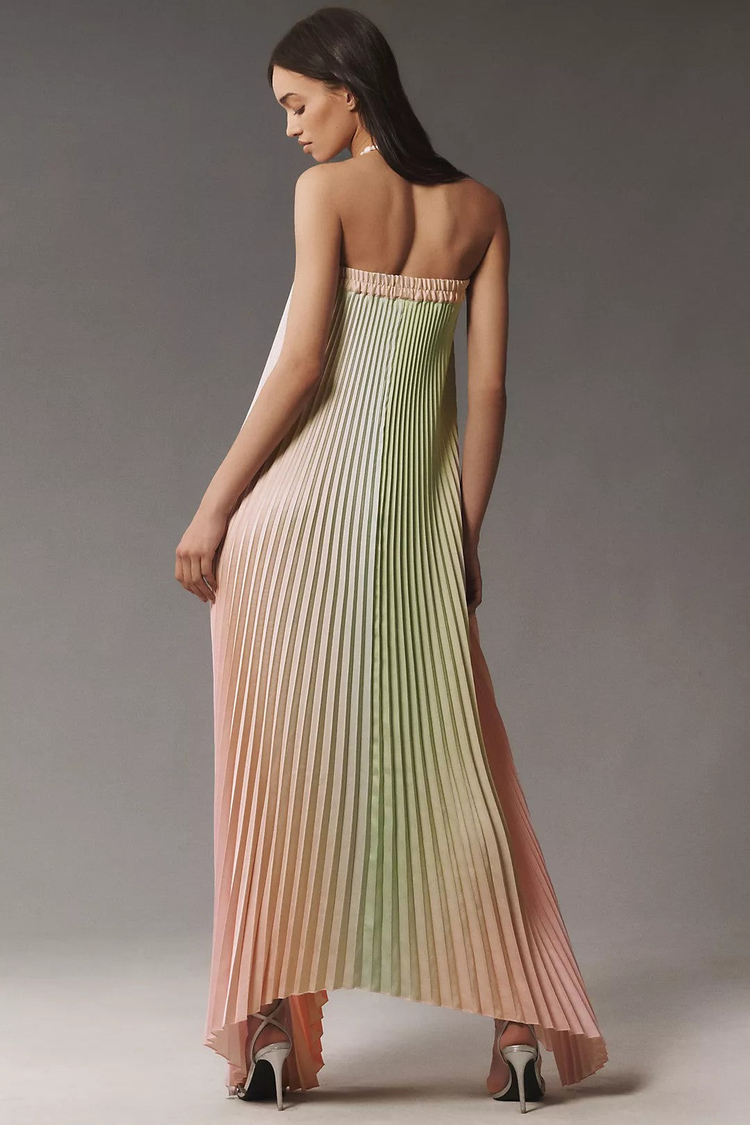 Gradient Color Pleated Off-Shoulder Maxi Dress
