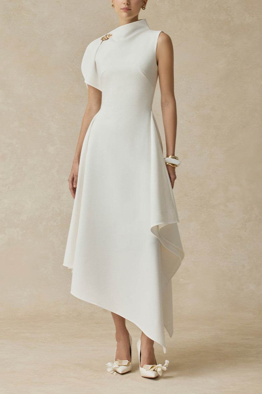 Metal Decoration Asymmetrical Neck Midi Dress