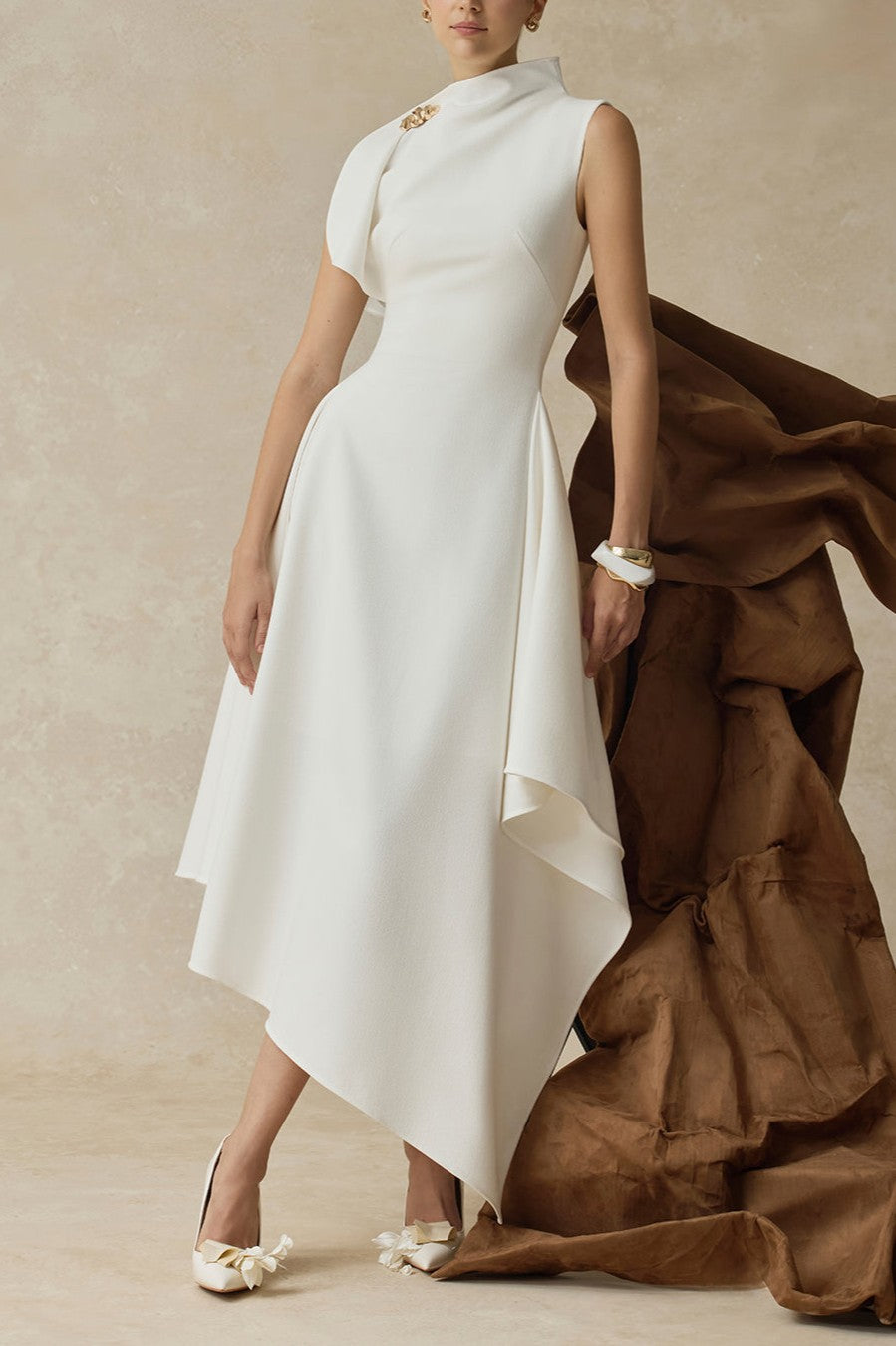 Metal Decoration Asymmetrical Neck Midi Dress