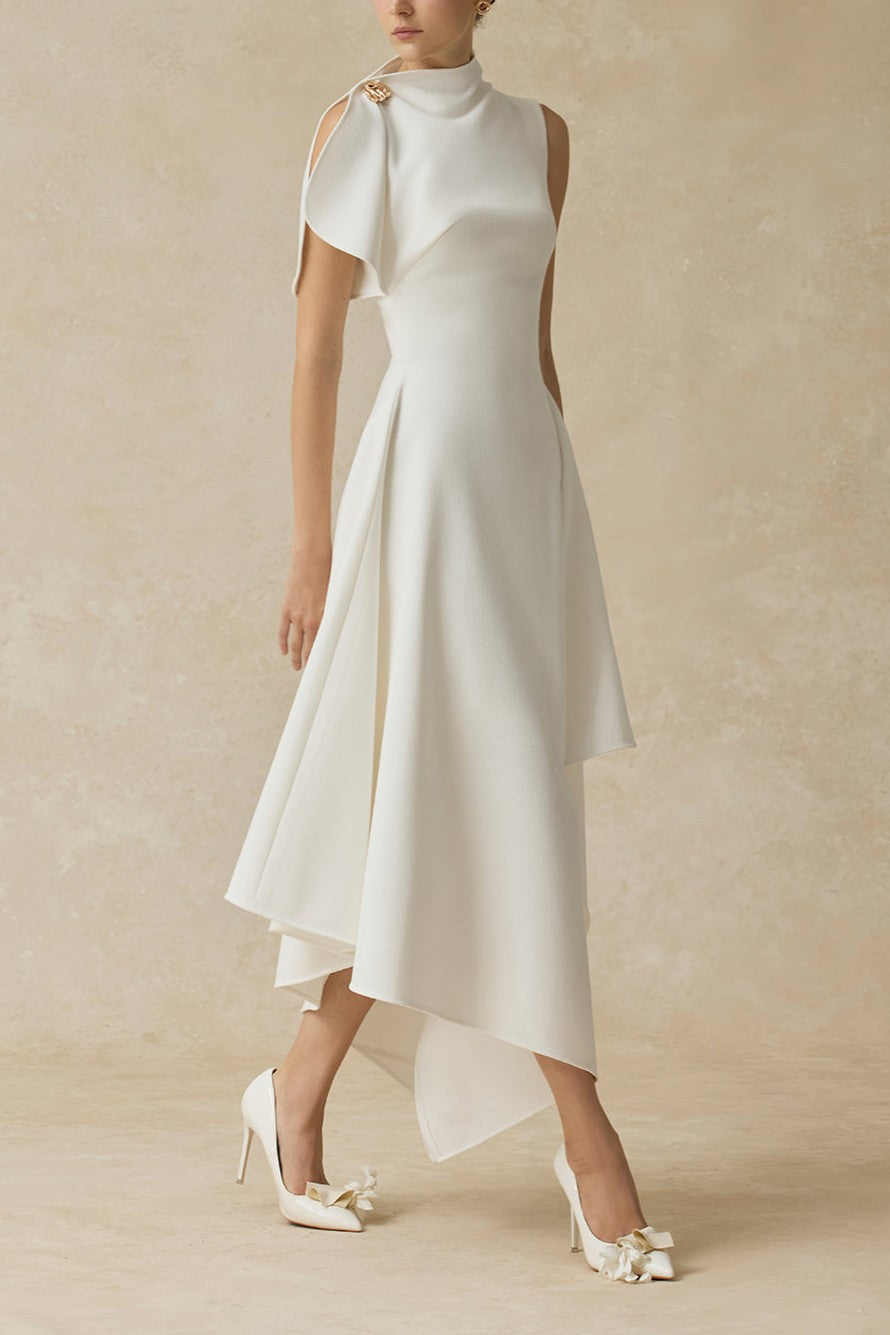 Metal Decoration Asymmetrical Neck Midi Dress