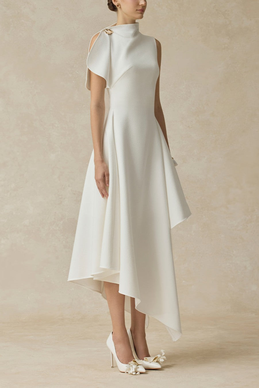 Metal Decoration Asymmetrical Neck Midi Dress