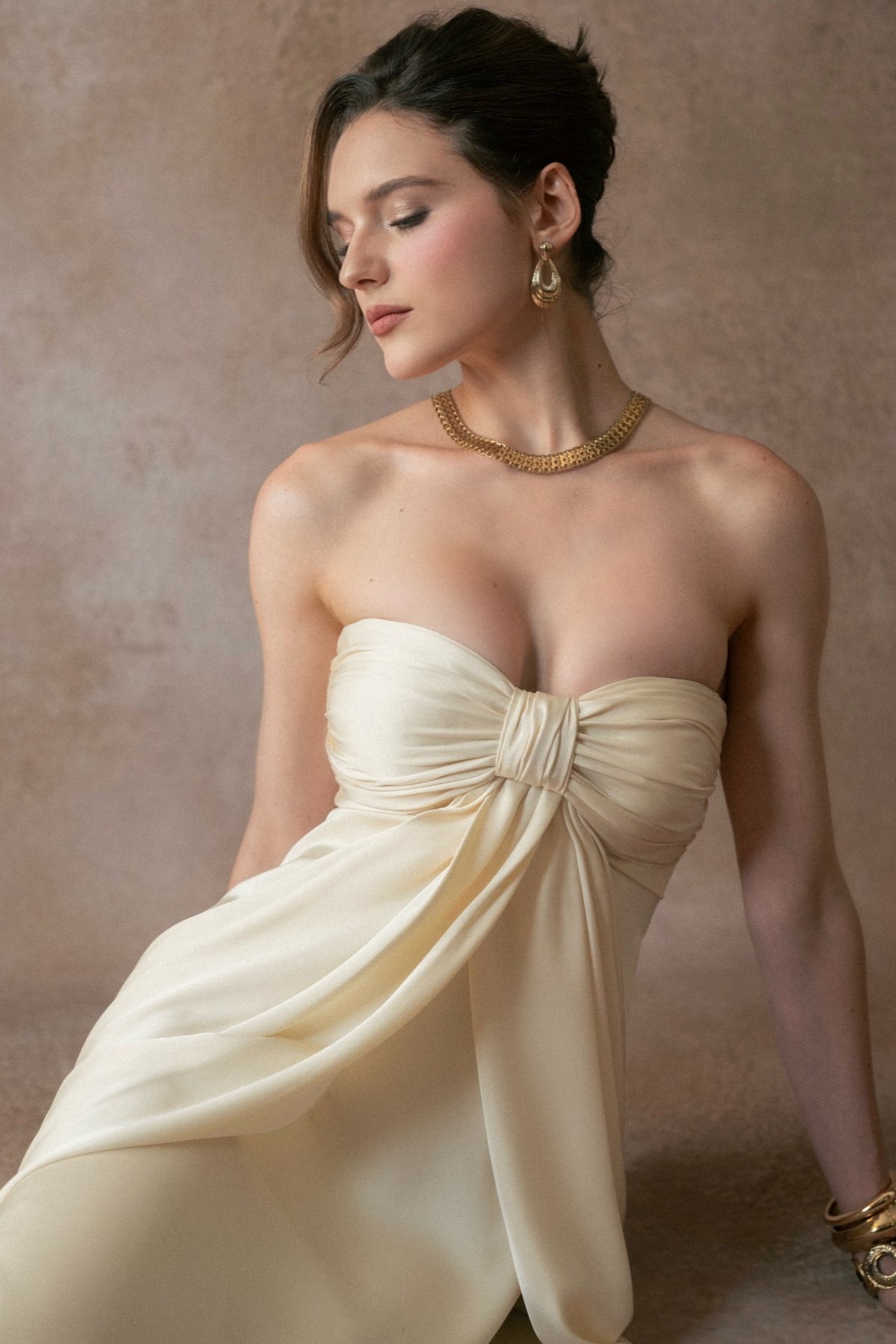Satin Bow Gathering Midi Dress