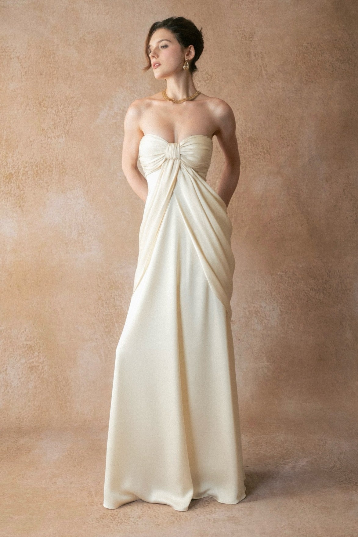 Satin Bow Gathering Midi Dress