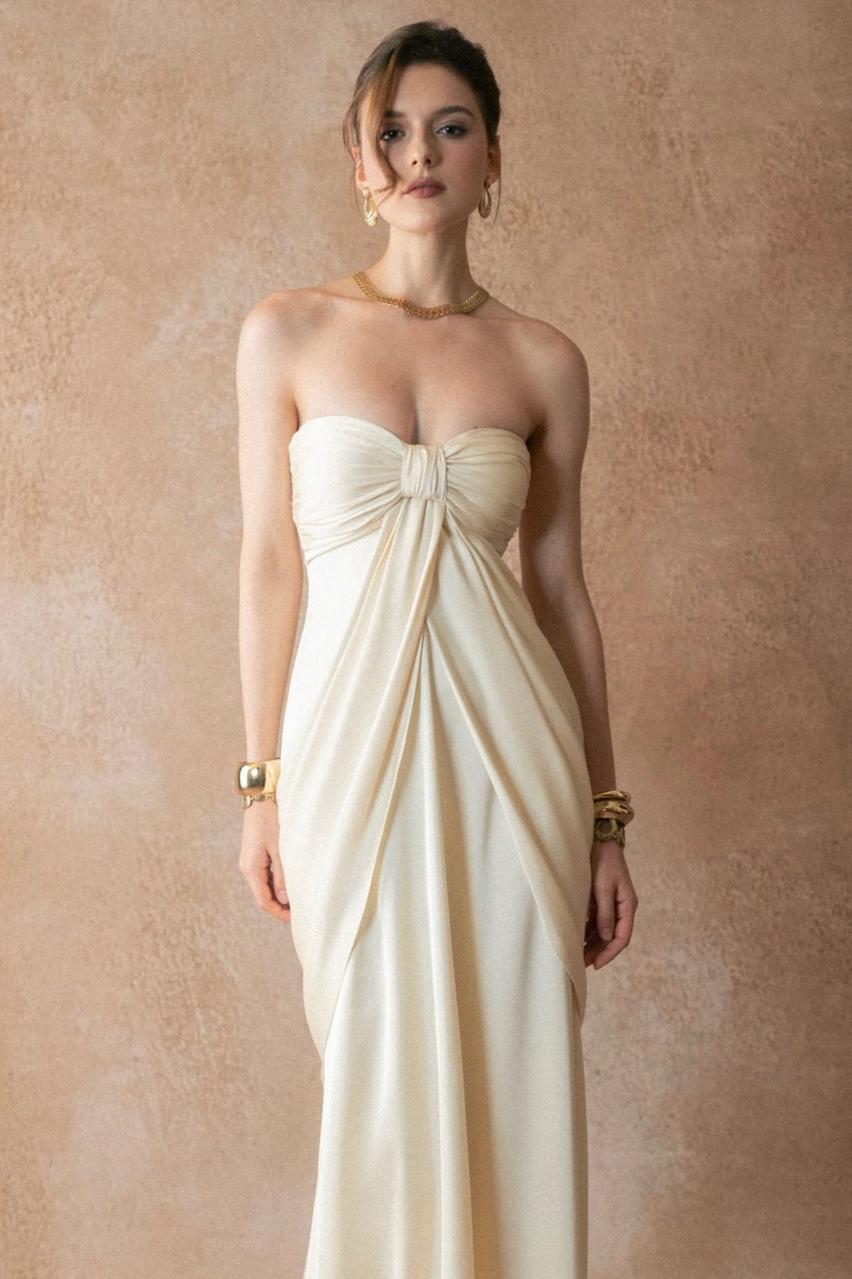Satin Bow Gathering Midi Dress