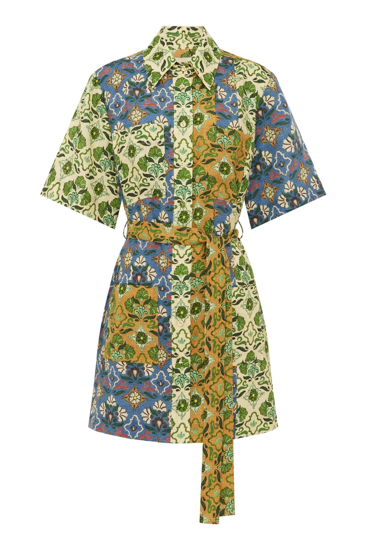 Patchwork Print Pocket Mini Dress With Belt