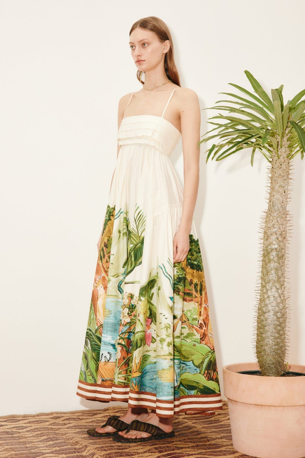 Botanical Print  Pleated Smocking Midi Dress
