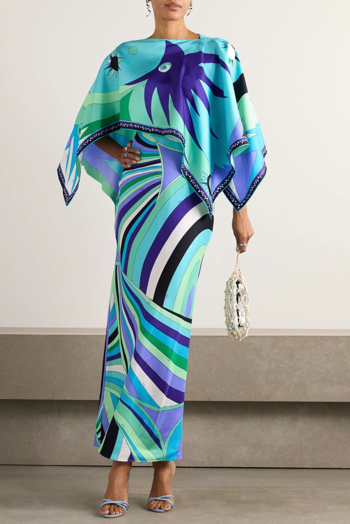 Abstract Print Cape Sleeve Midi Dress