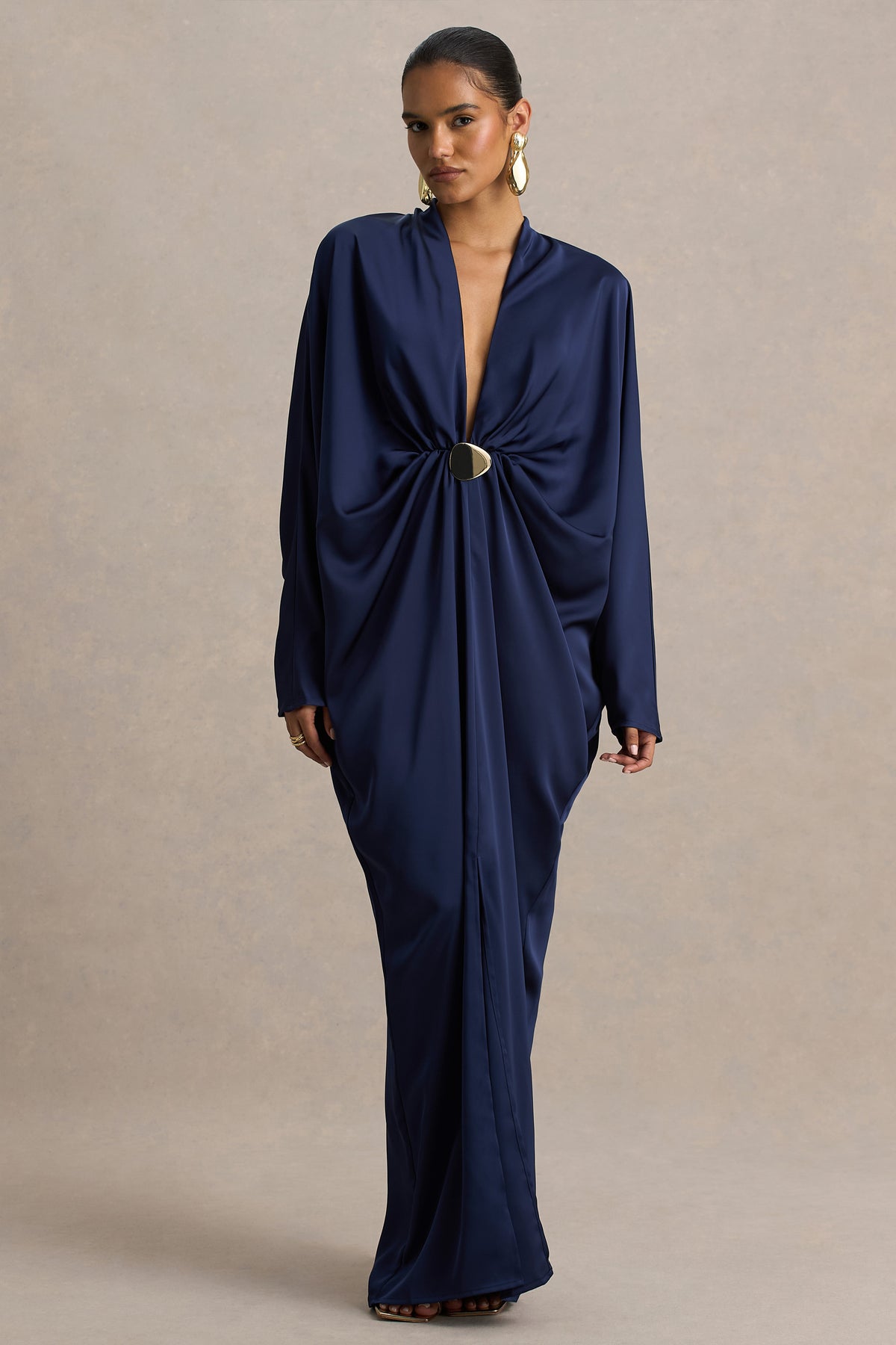 Satin Batwing Sleeve Metal Decorations Maxi Dress