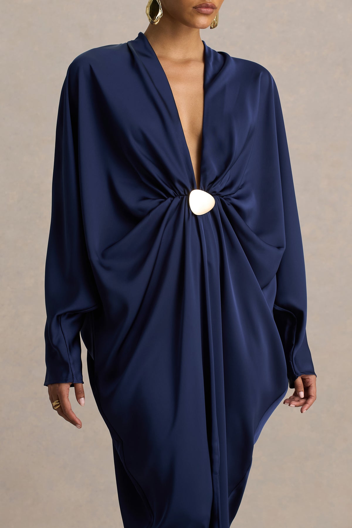 Satin Batwing Sleeve Metal Decorations Maxi Dress