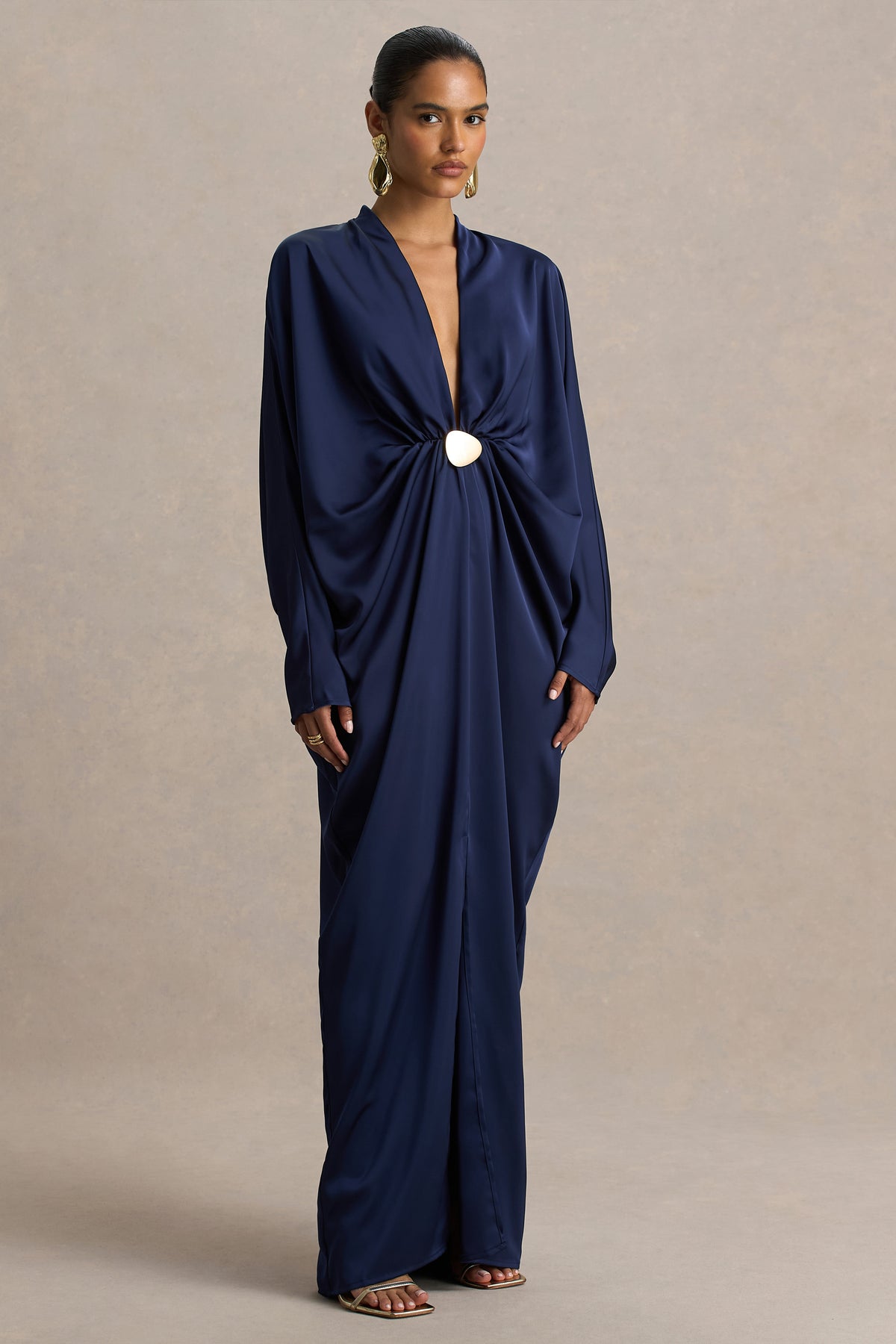 Satin Batwing Sleeve Metal Decorations Maxi Dress