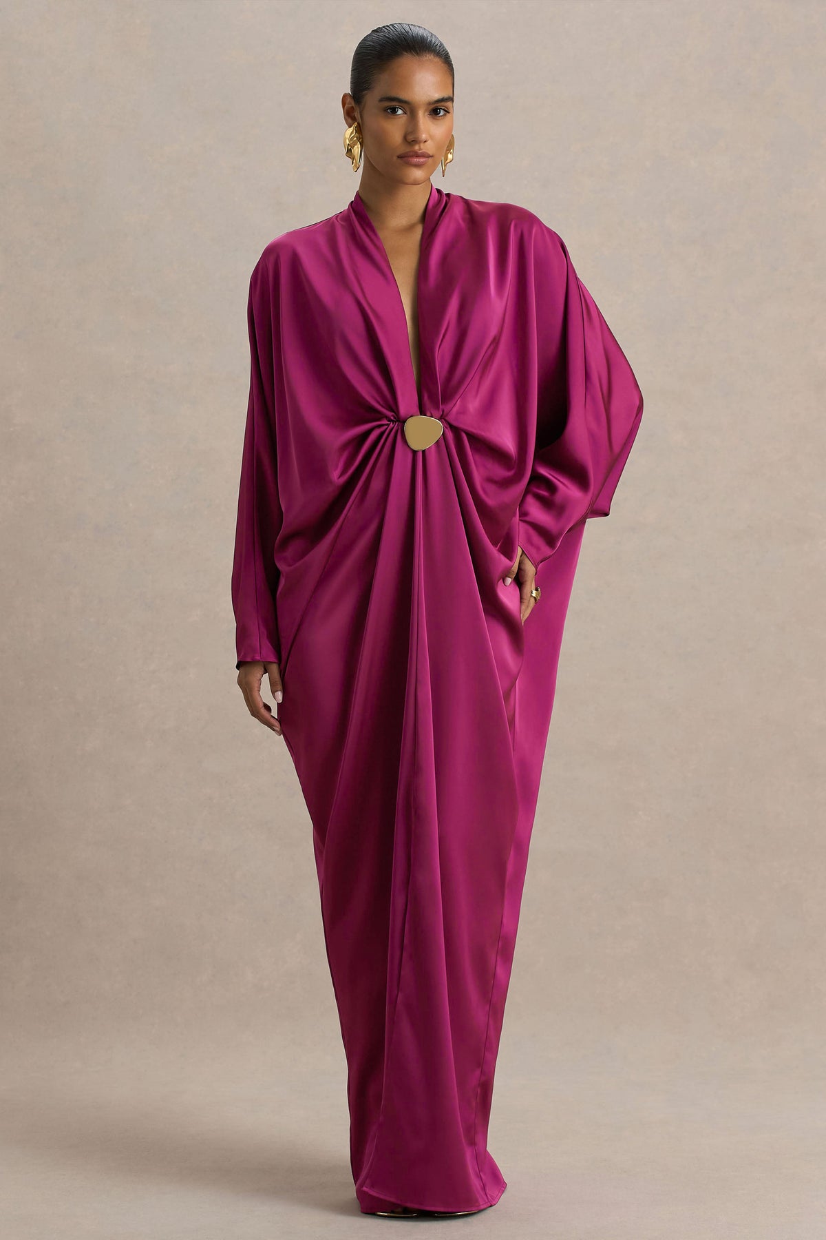 Satin Batwing Sleeve Metal Decorations Maxi Dress