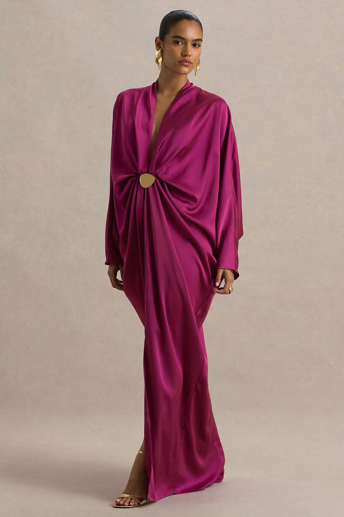 Satin Batwing Sleeve Metal Decorations Maxi Dress