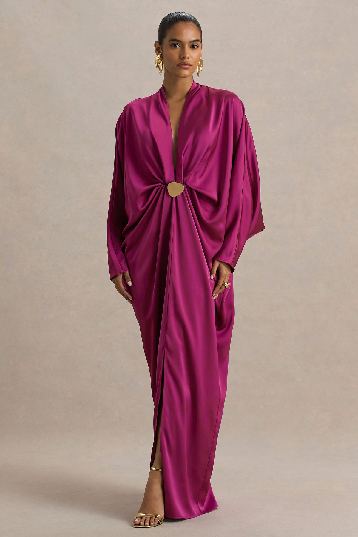Satin Batwing Sleeve Metal Decorations Maxi Dress