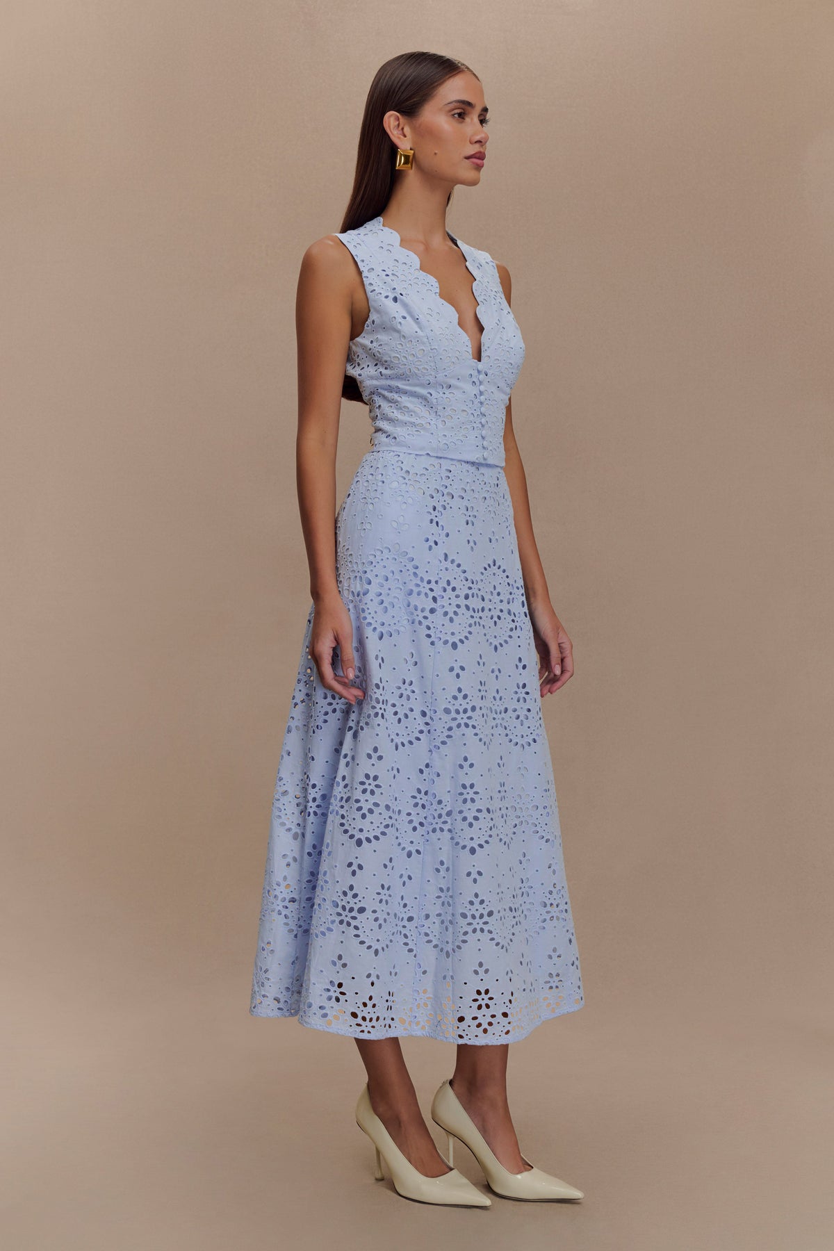 Embroidered Button Top & High Waist Midi Skirt Set