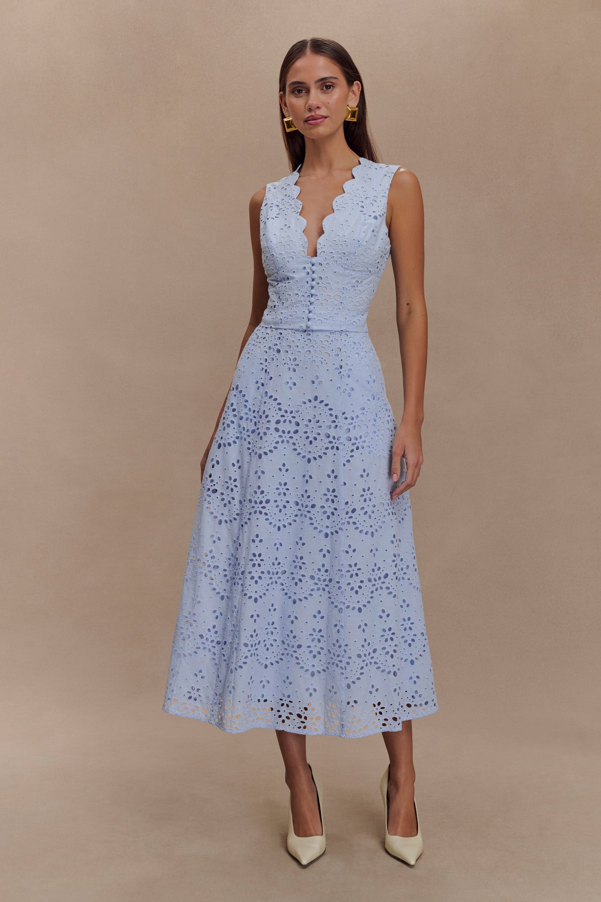 Embroidered Button Top & High Waist Midi Skirt Set