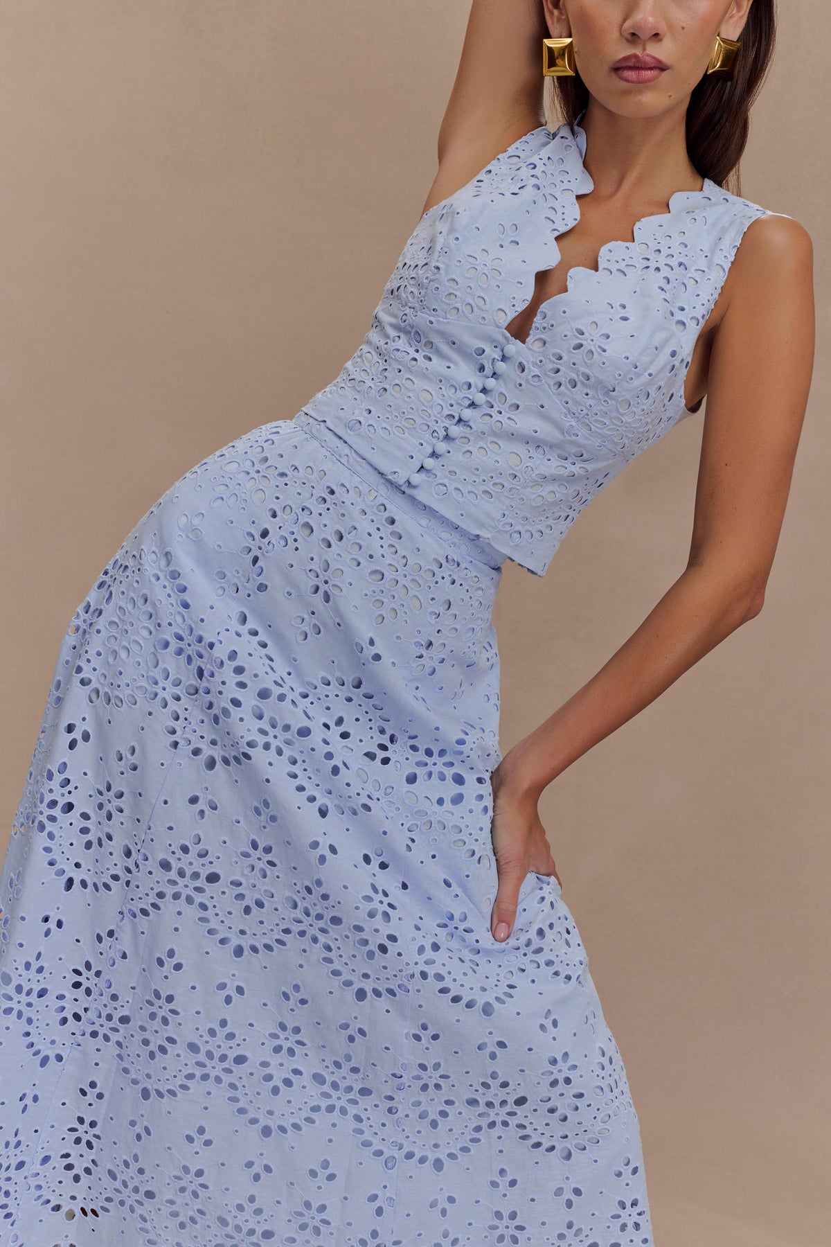 Embroidered Button Top & High Waist Midi Skirt Set