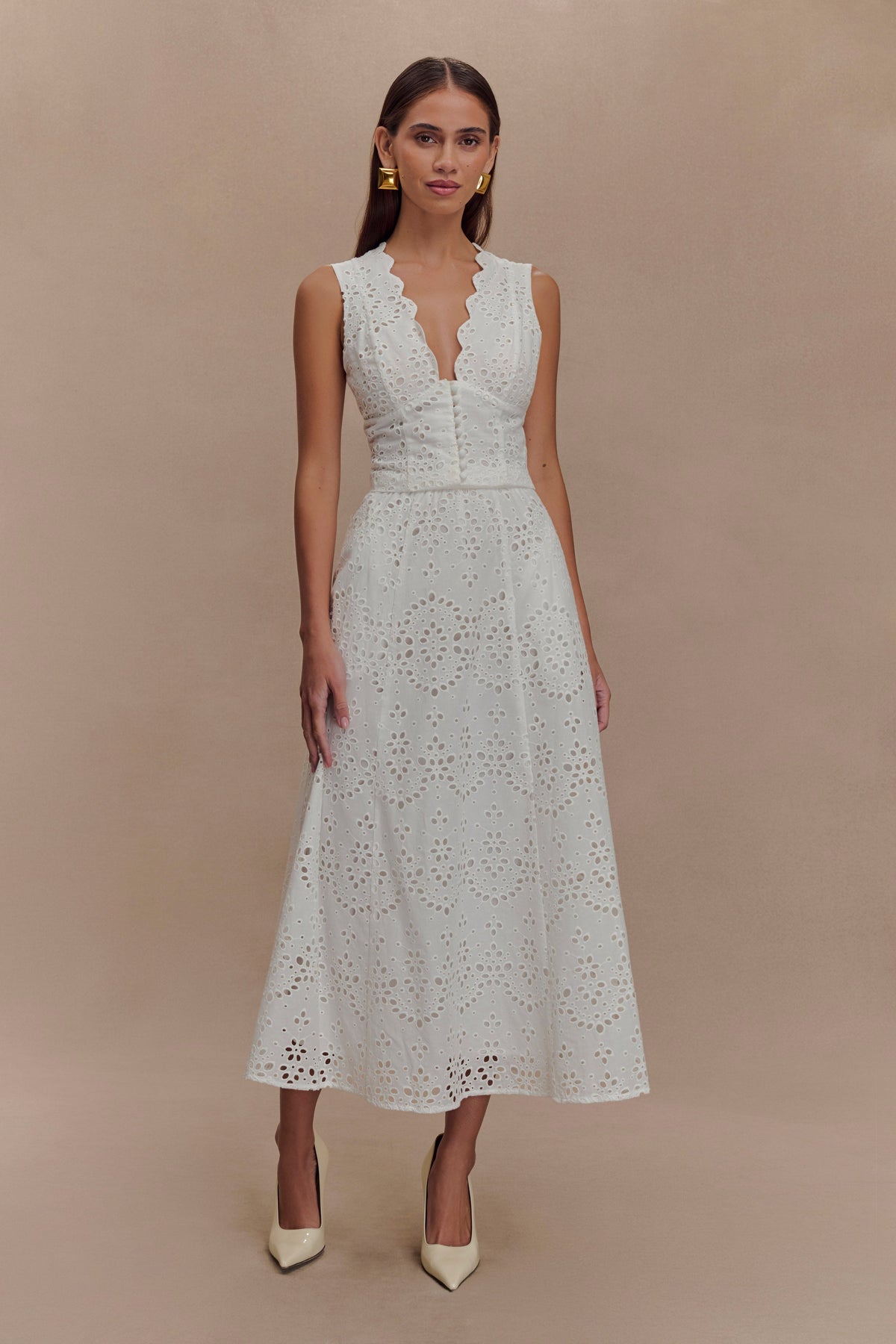 Embroidered Button Top & High Waist Midi Skirt Set