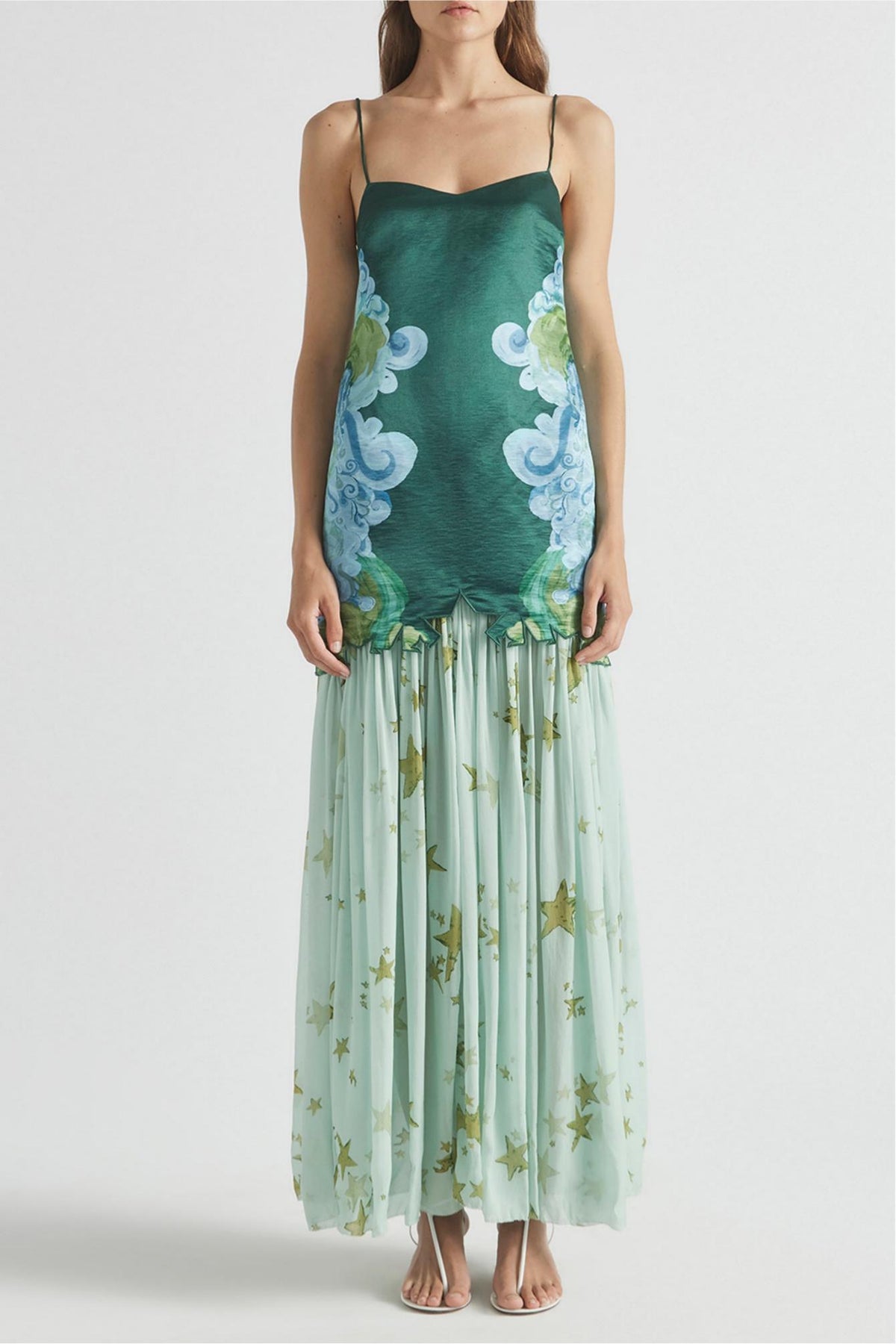Cloud Print Satin Top & Chiffon High Waist Midi Skirt Set
