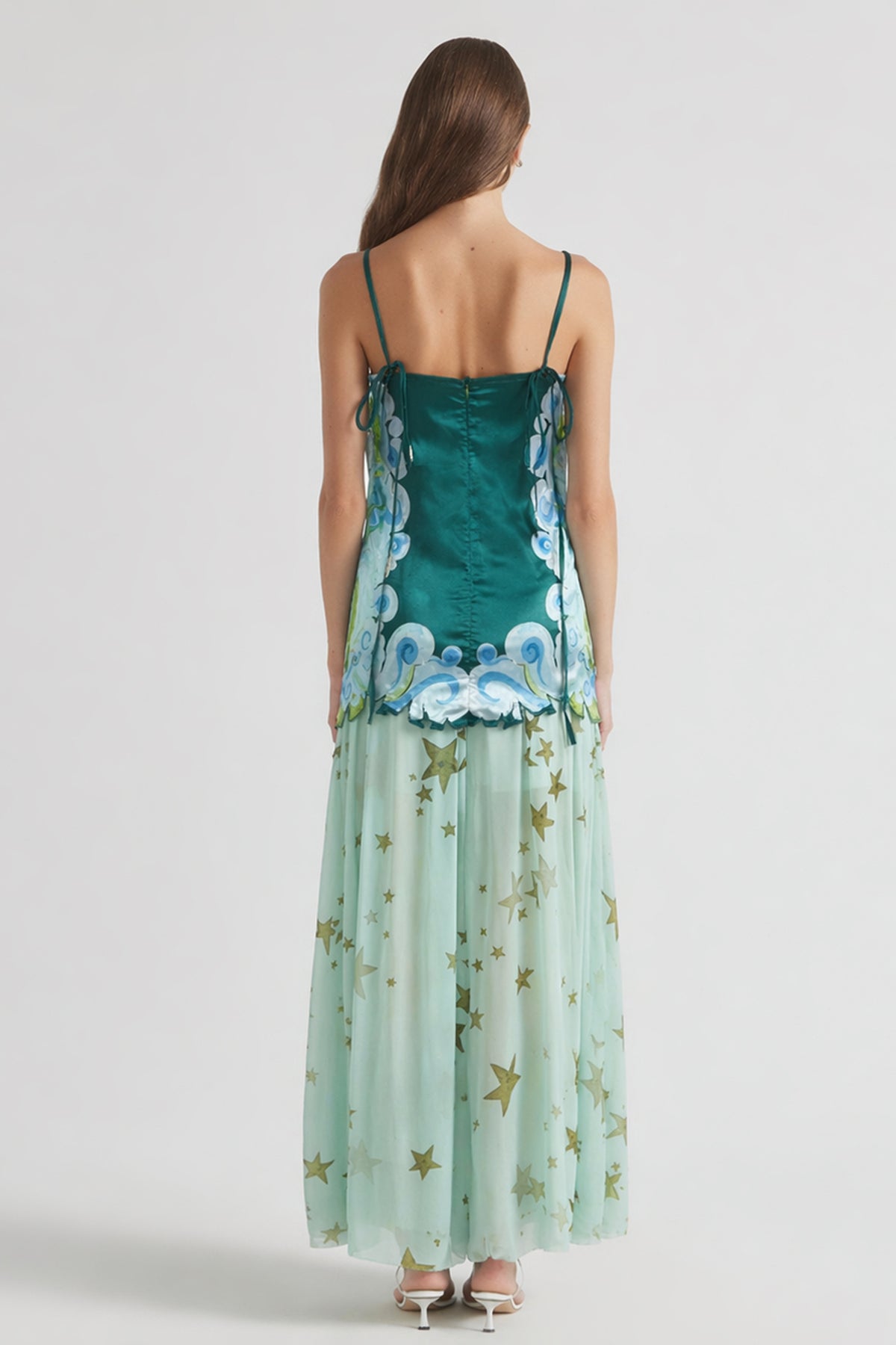 Cloud Print Satin Top & Chiffon High Waist Midi Skirt Set