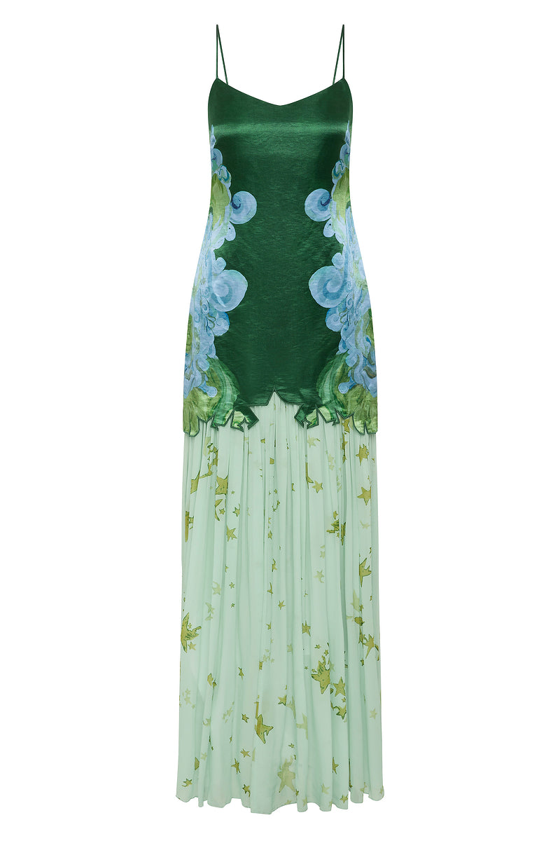 Cloud Print Satin Top & Chiffon High Waist Midi Skirt Set