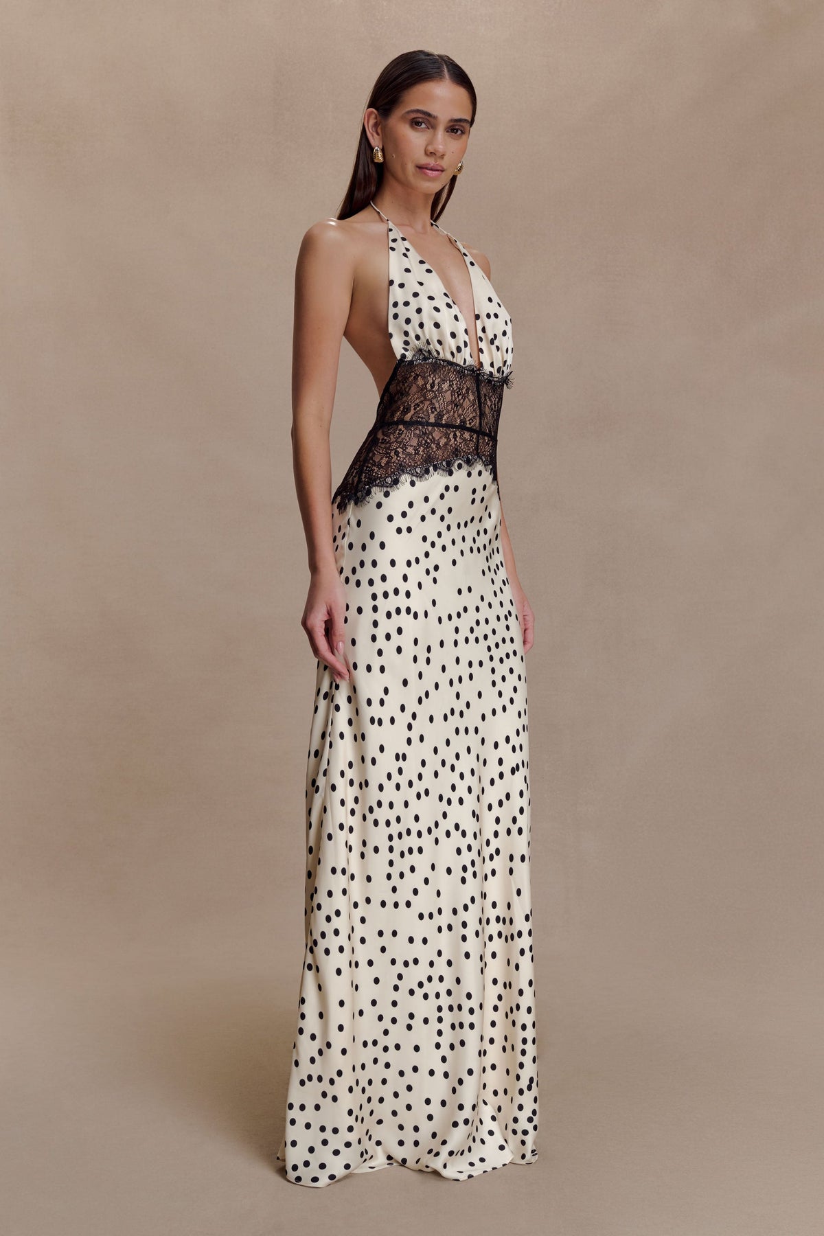 Polka Dot Lace Halter Neck Maxi Dress