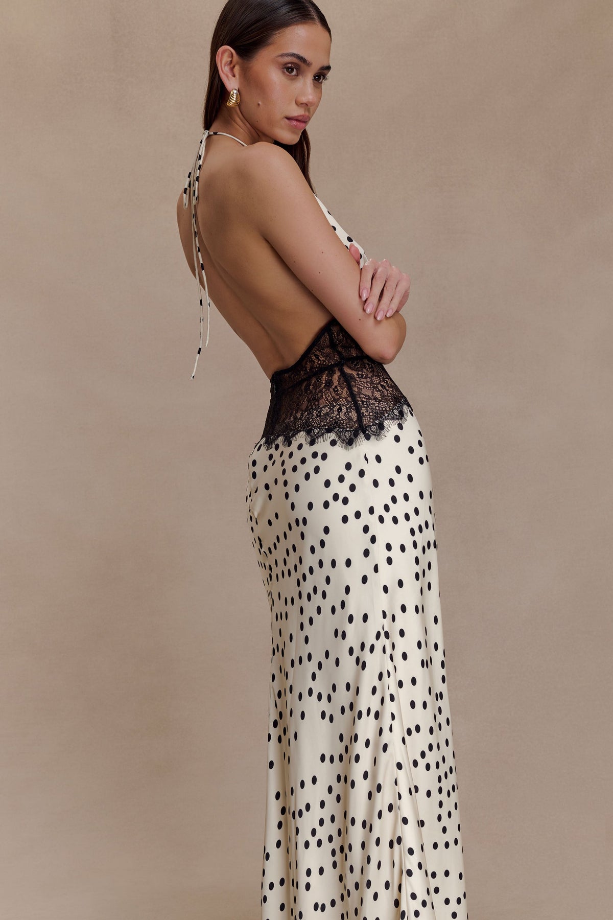 Polka Dot Lace Halter Neck Maxi Dress