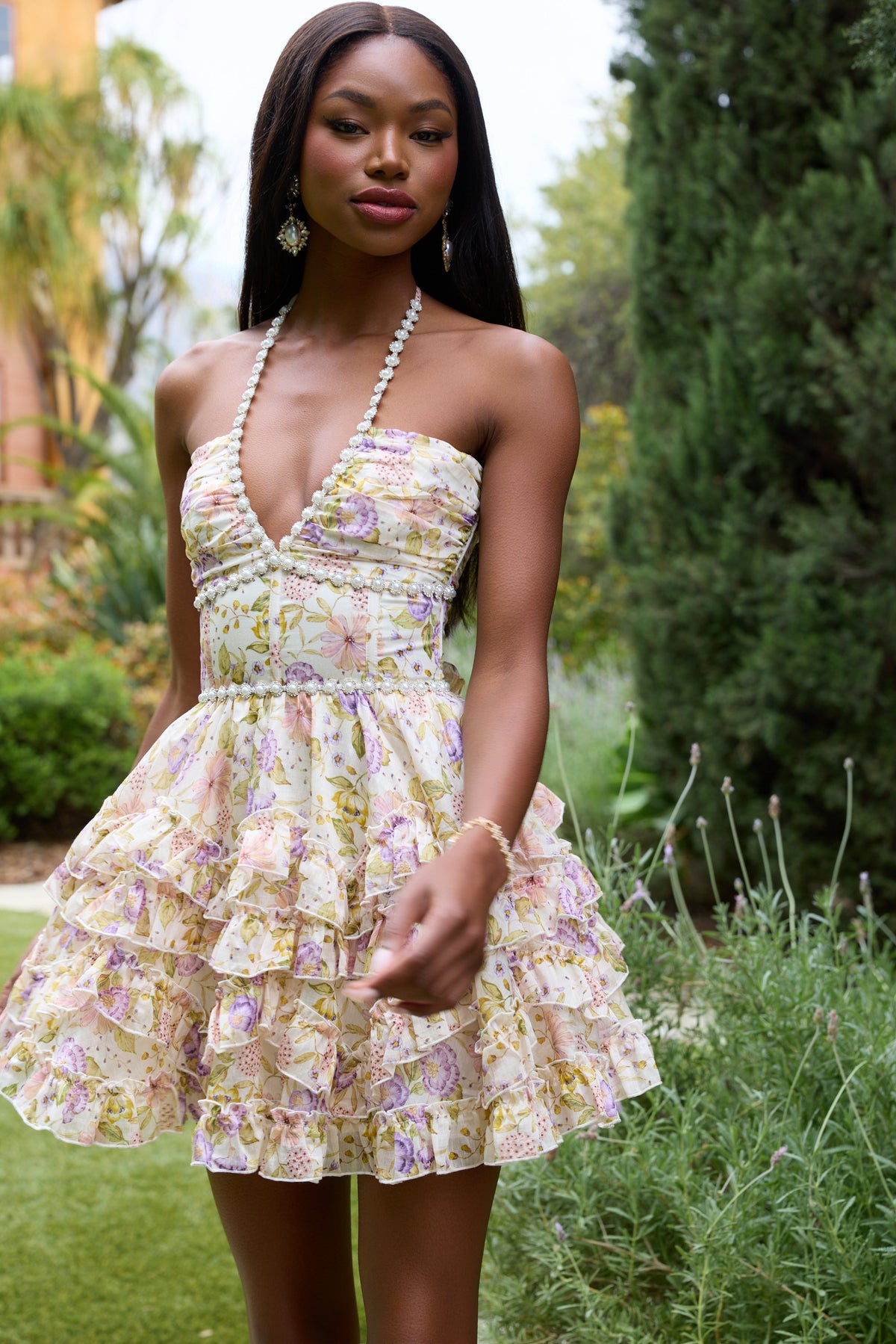 Floral Faux Pearl Frill Mini Dress