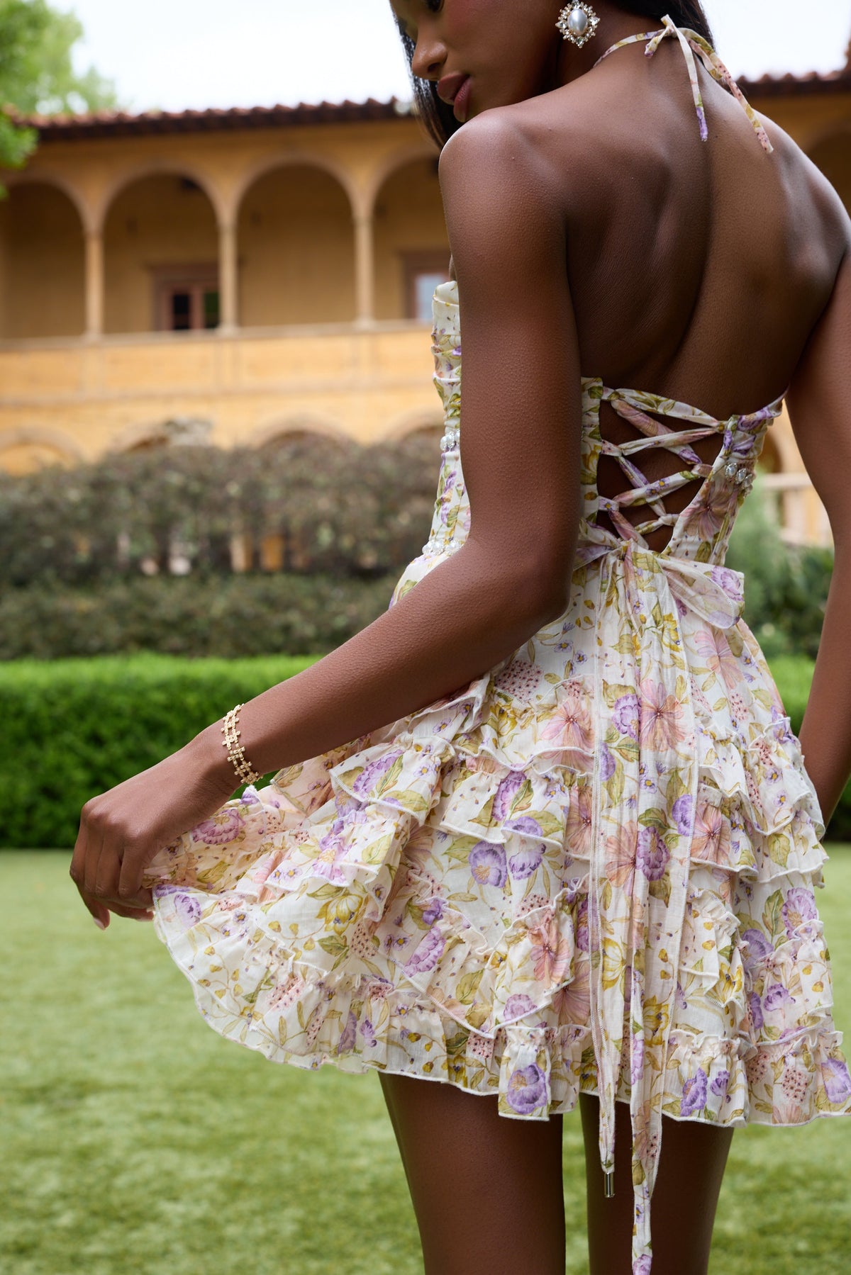 Floral Faux Pearl Frill Mini Dress