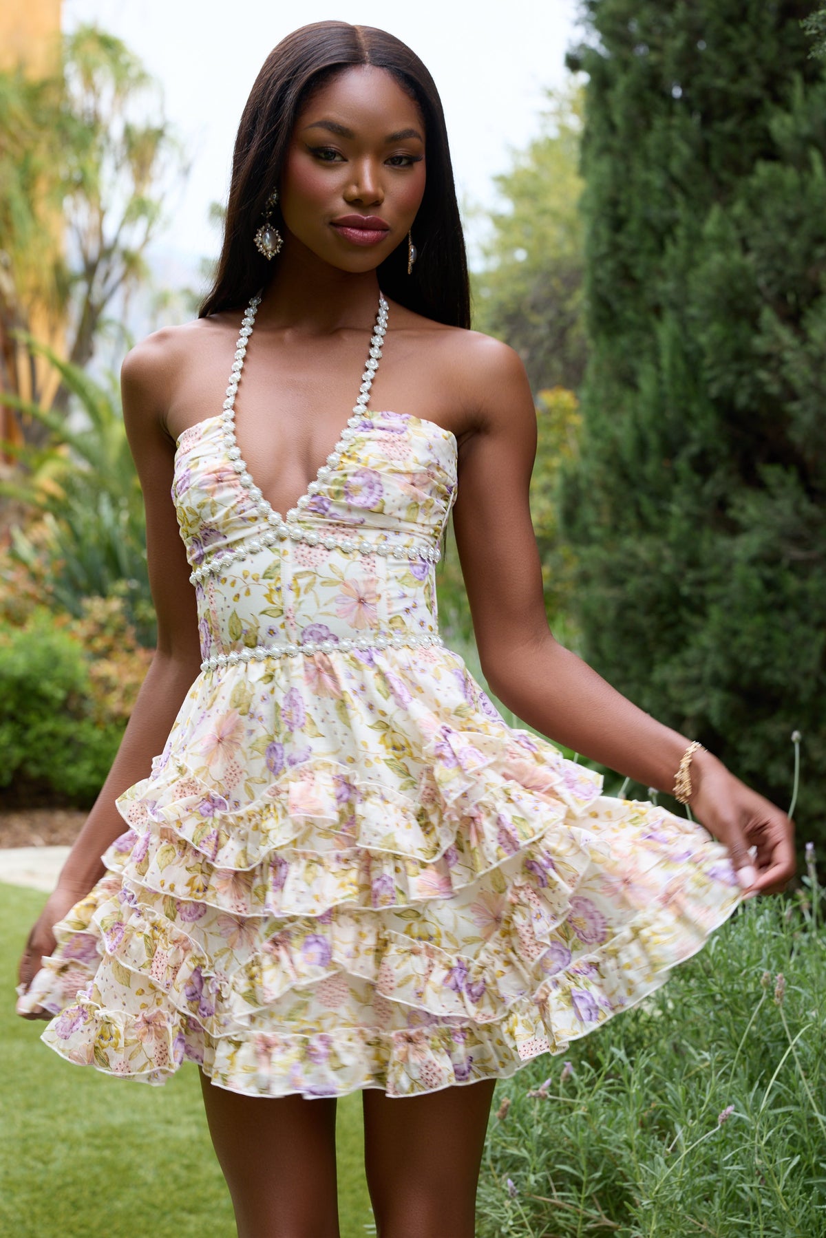 Floral Faux Pearl Frill Mini Dress
