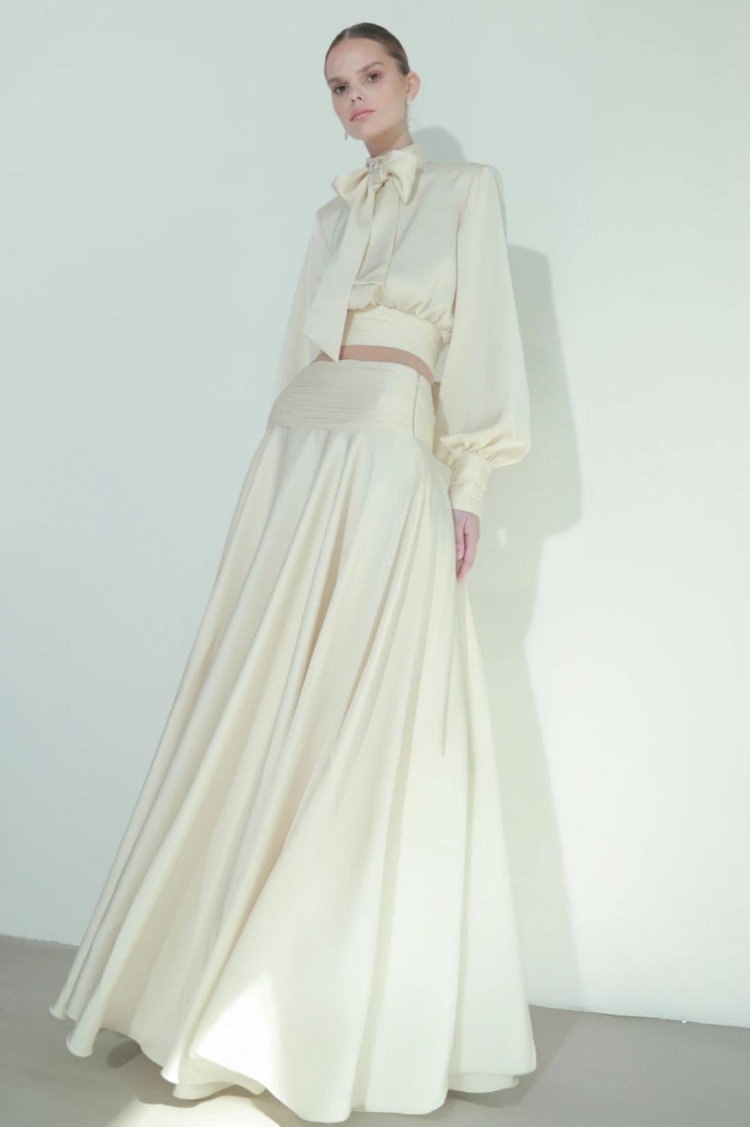 Satin Pleated Bow Top & High Waist Midi Skirt Set