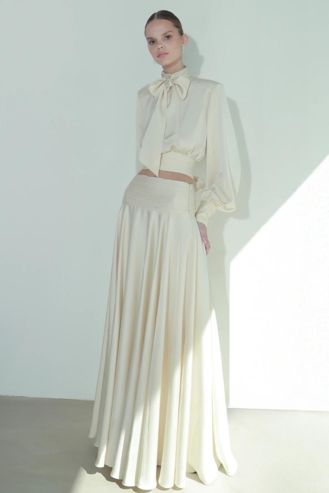 Satin Pleated Bow Top & High Waist Midi Skirt Set
