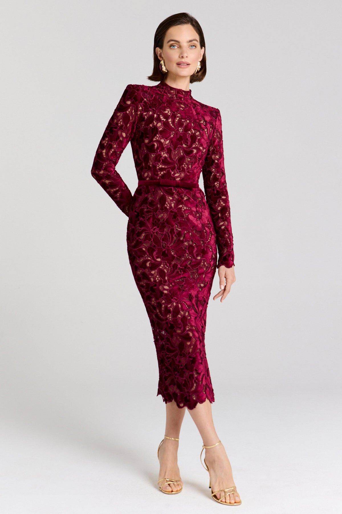 Velvet Embroidered Long Sleeve Midi Dress