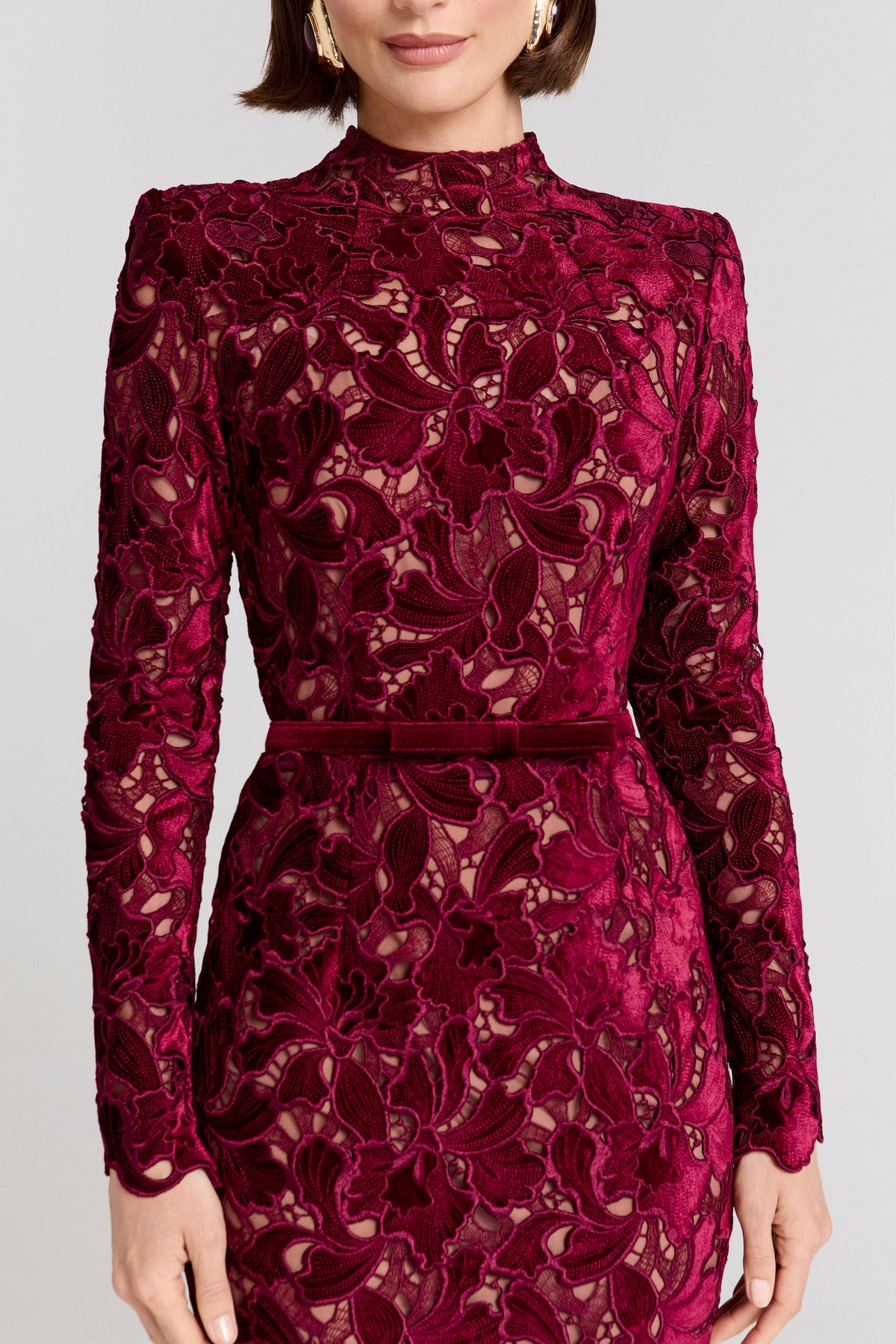 Velvet Embroidered Long Sleeve Midi Dress