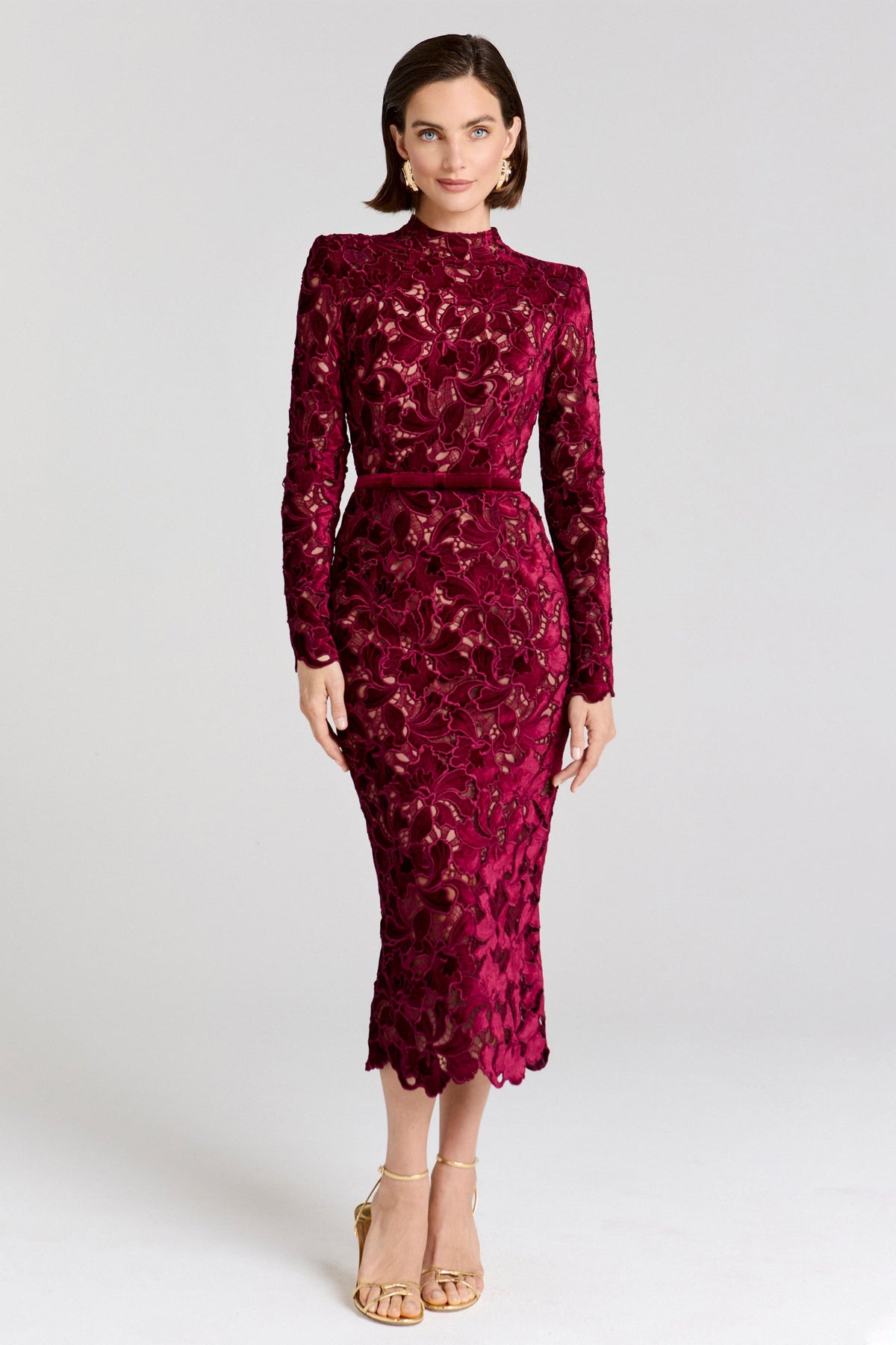 Velvet Embroidered Long Sleeve Midi Dress