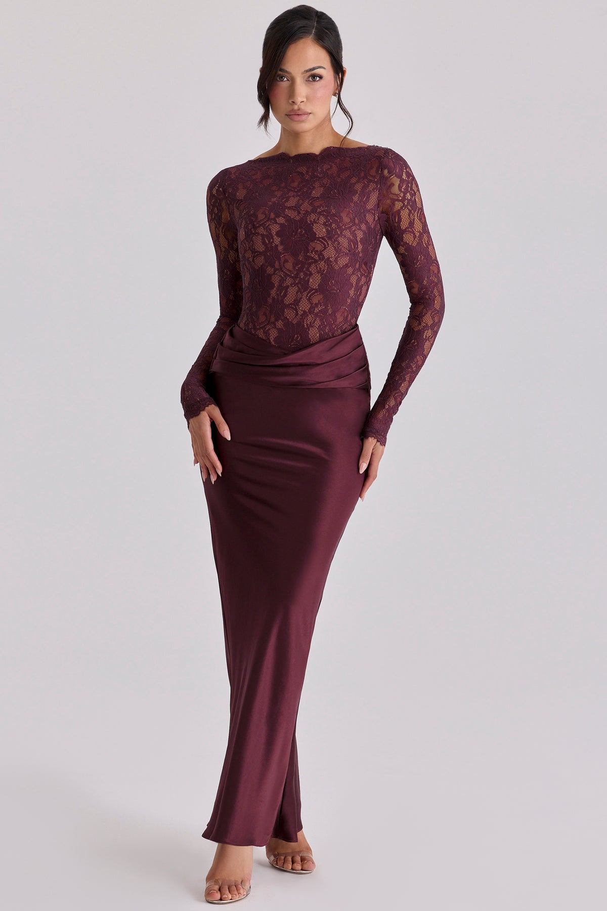 Lace Splicing Satin Long Sleeve Maxi Dress