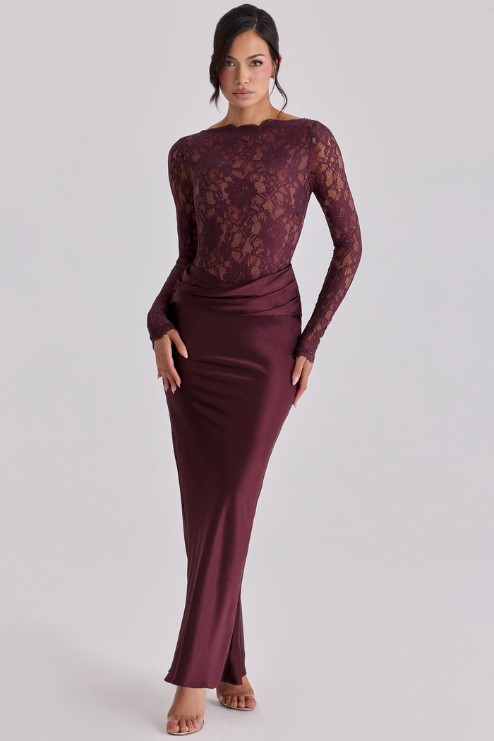 Lace Splicing Satin Long Sleeve Maxi Dress