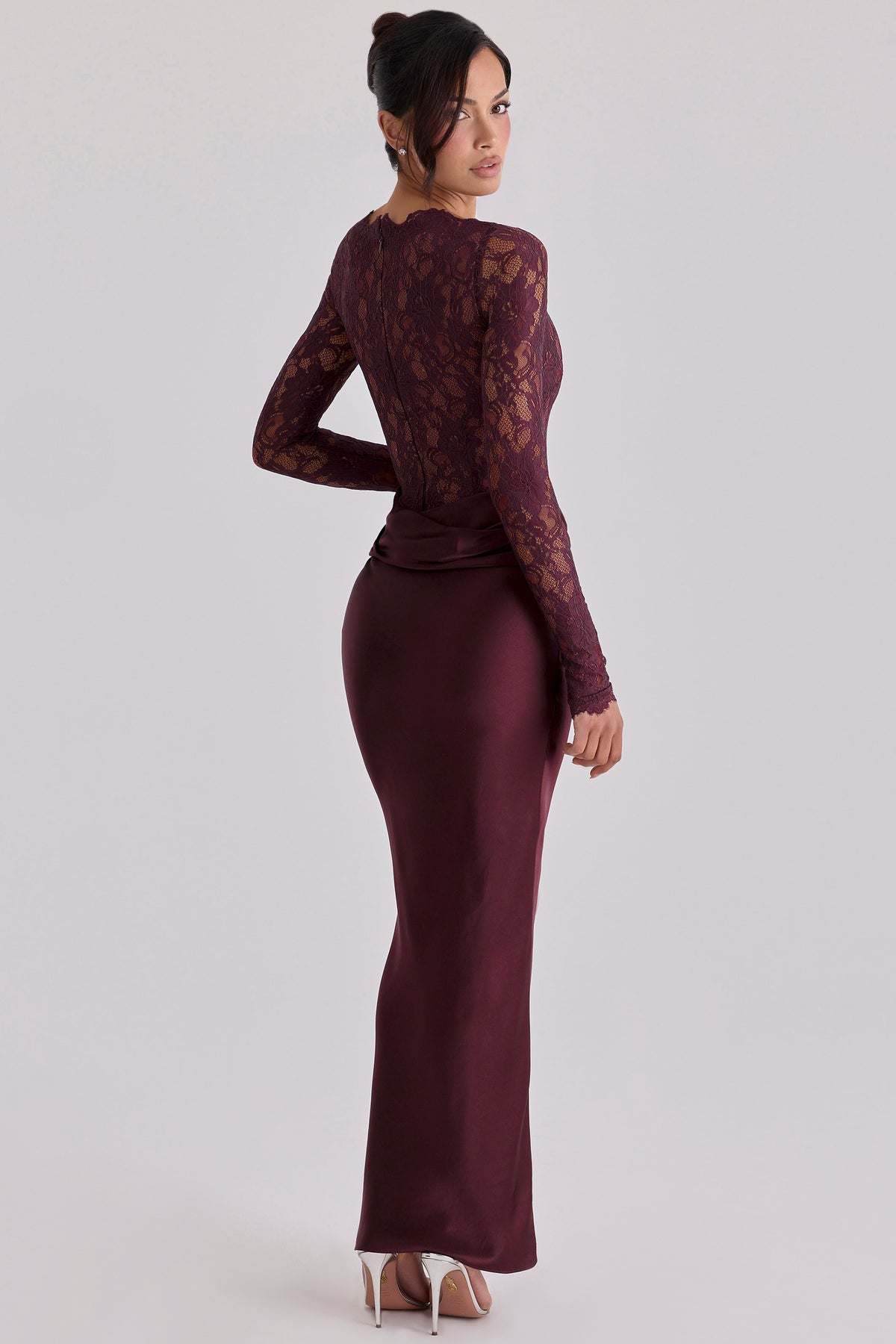Lace Splicing Satin Long Sleeve Maxi Dress