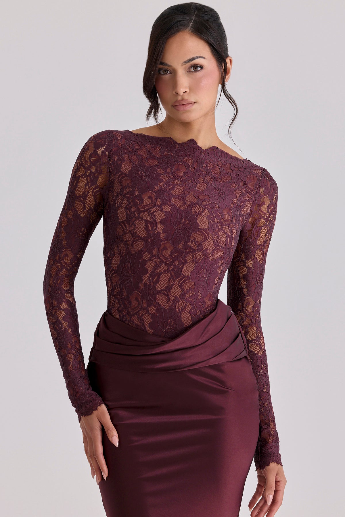 Lace Splicing Satin Long Sleeve Maxi Dress