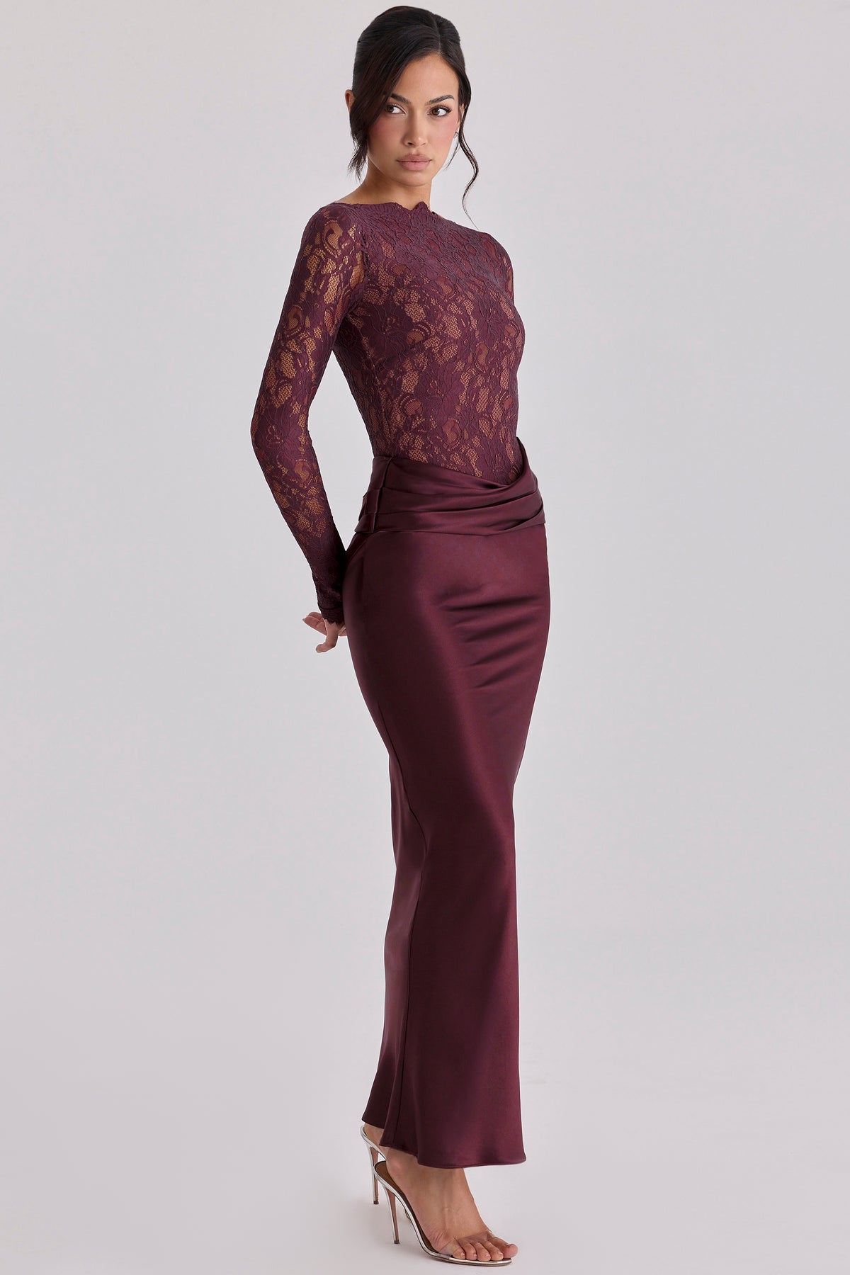 Lace Splicing Satin Long Sleeve Maxi Dress
