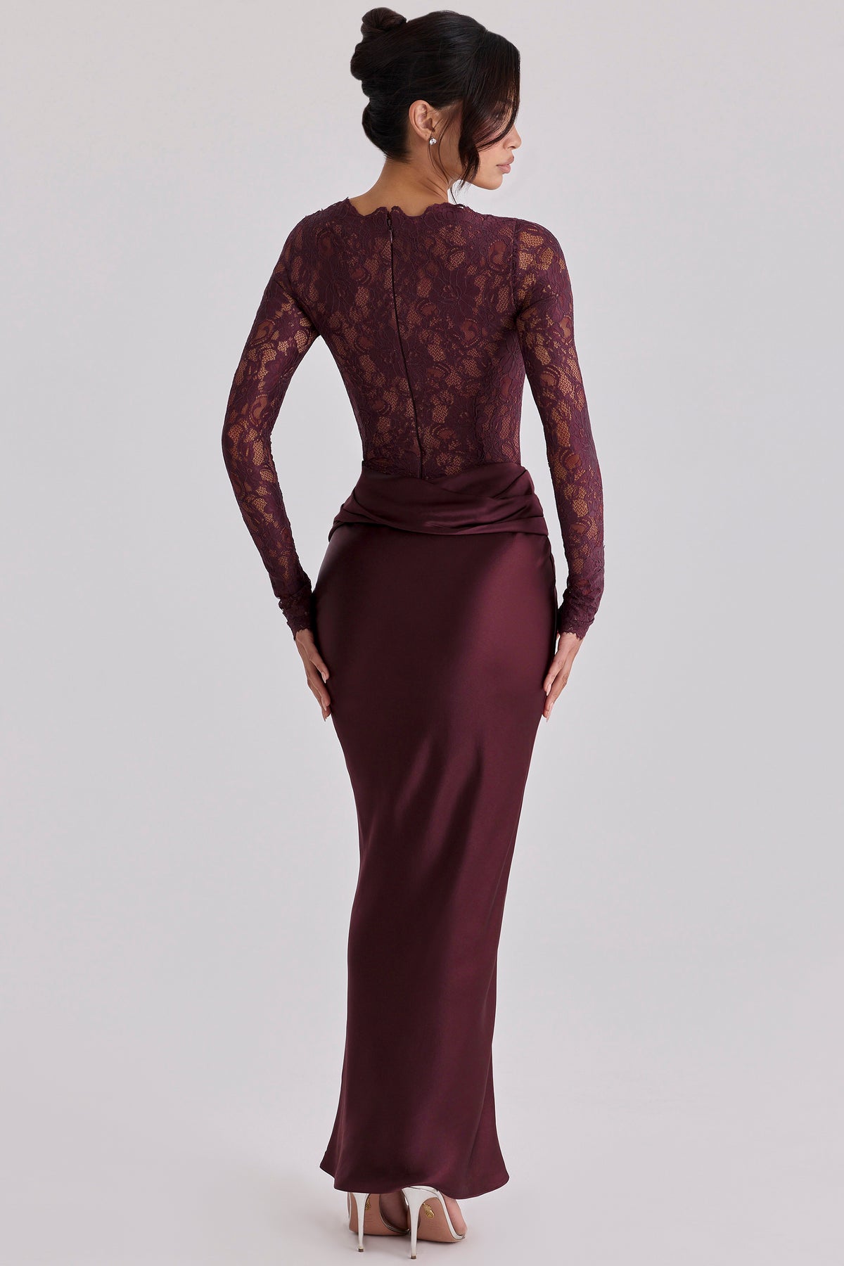 Lace Splicing Satin Long Sleeve Maxi Dress