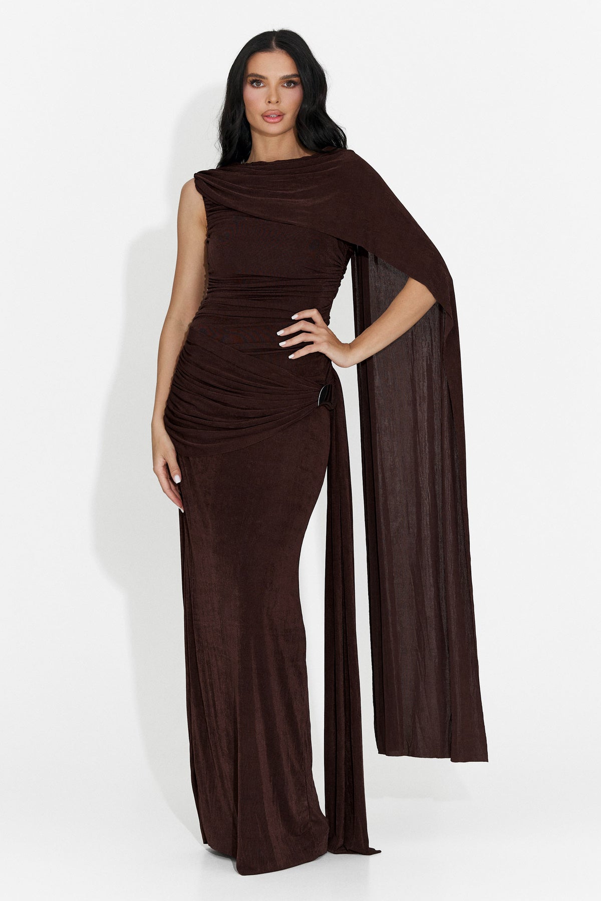 Jersey Asymmetrical Sleeve Metallic Button Gathering Bodycon Maxi Dress