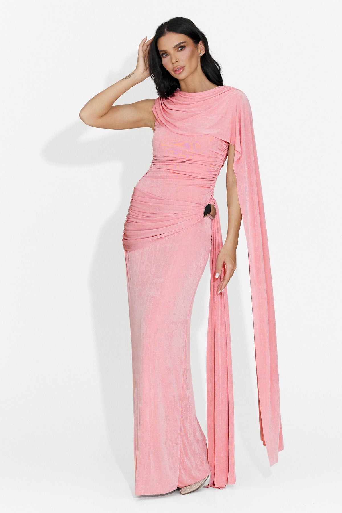 Jersey Asymmetrical Sleeve Metallic Button Gathering Bodycon Maxi Dress