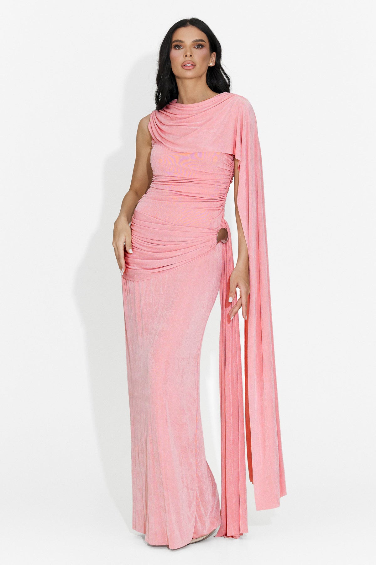 Jersey Asymmetrical Sleeve Metallic Button Gathering Bodycon Maxi Dress