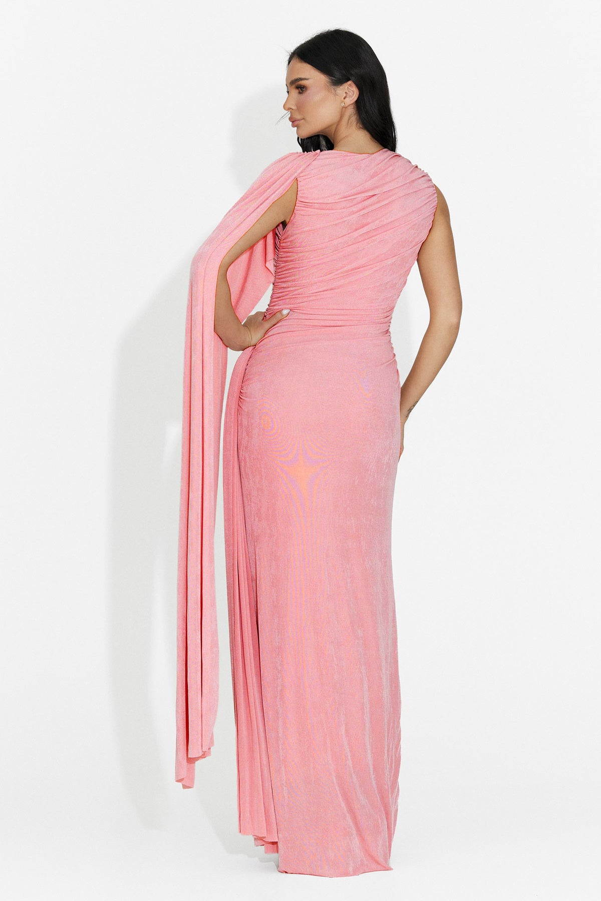 Jersey Asymmetrical Sleeve Metallic Button Gathering Bodycon Maxi Dress